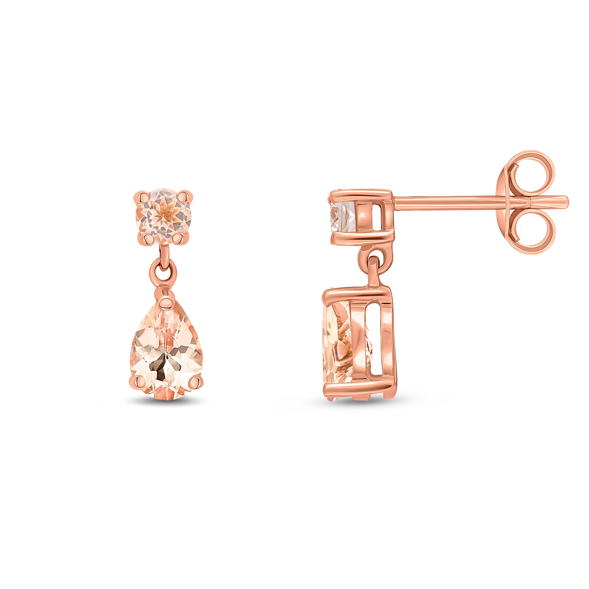 9ct Rose Gold Round and Pear Shape Morganite 2 Stone Claw Set Drop Earrings