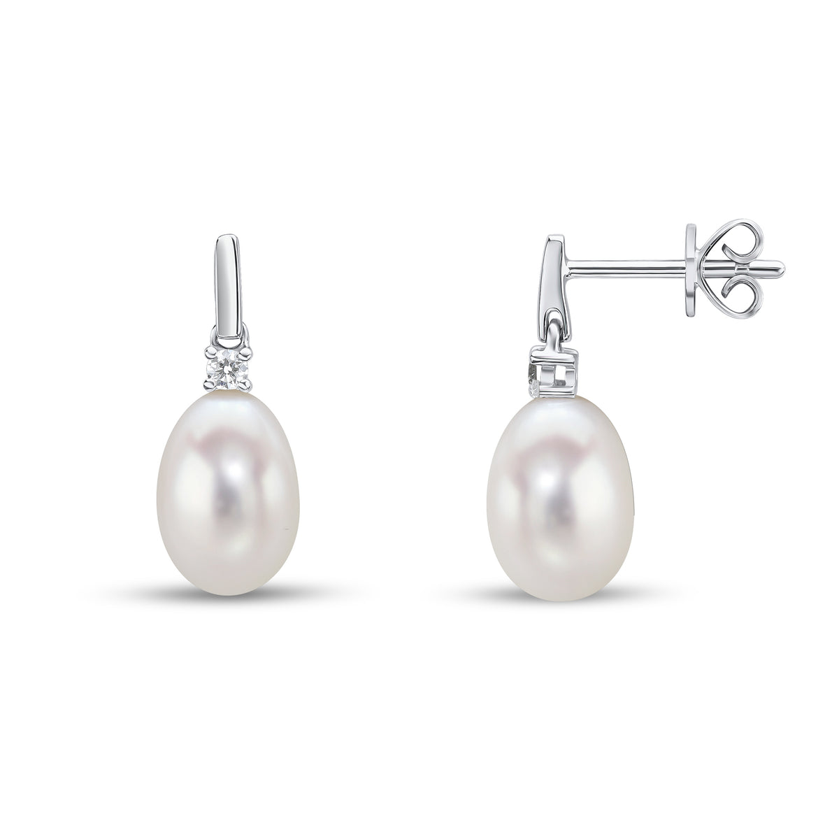 18ct White Gold Cfw Pearl Claw Set Round Diamond and Plain Bar Top Drop Earrings