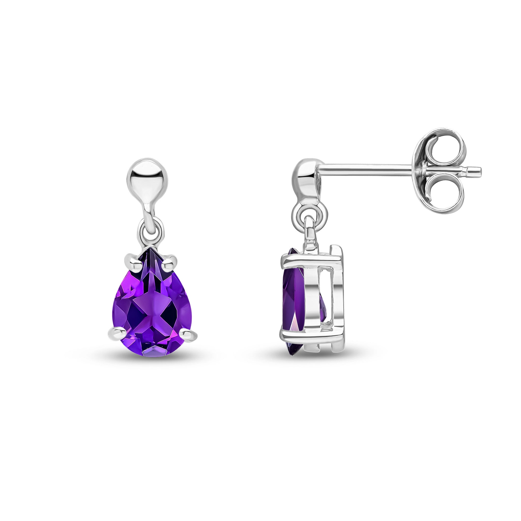 9ct White Gold 7x5 Pear Shape Amethyst Claw Set Drop Earrings with Bead Top