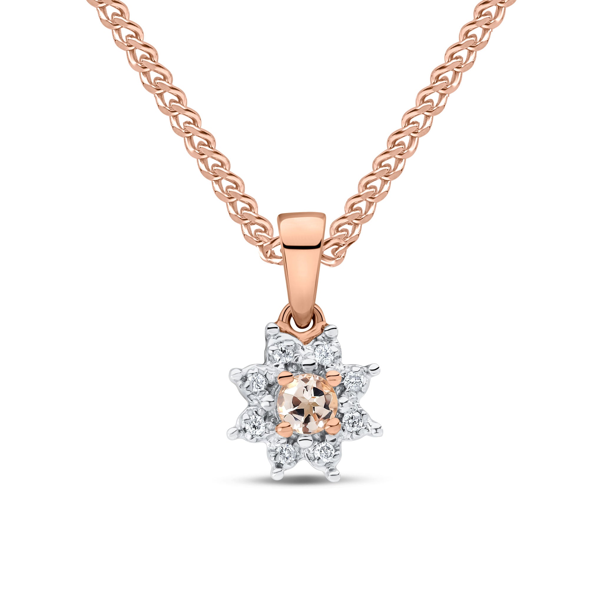 9ct rose gold round morganite & diamond cluster pendant