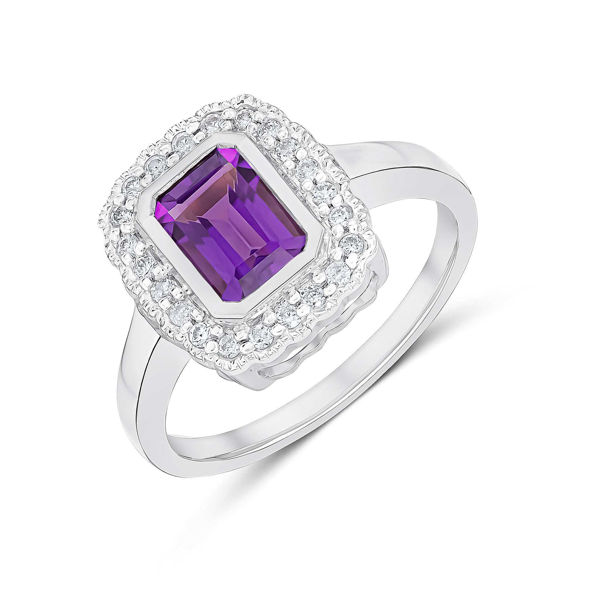 9ct White Gold Rubover 7x5 Octagon Amethyst and Diamond Cluster Ring with Milgrain Edge
