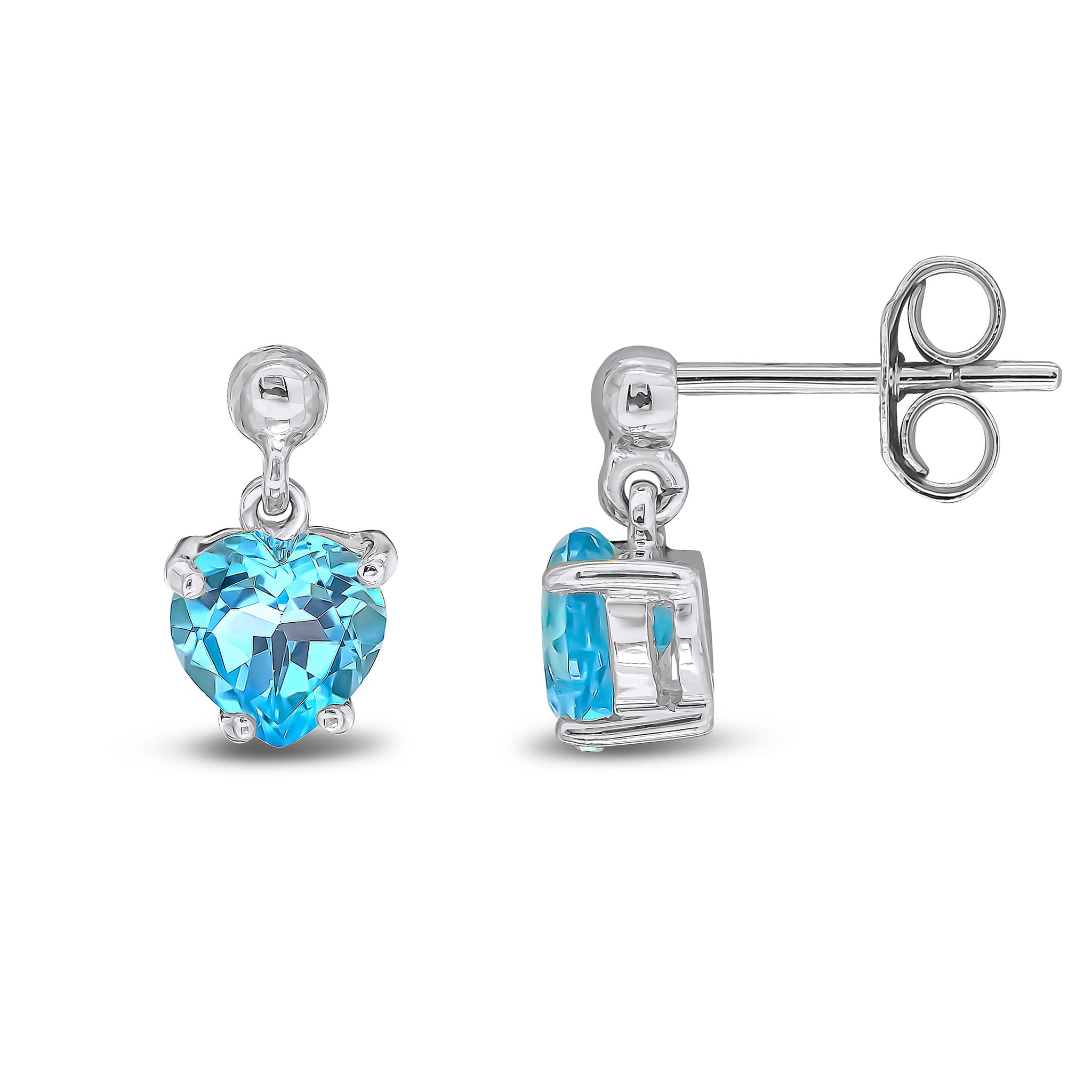 9ct White Gold 6mm Heart-Shape Swiss Blue Topaz Claw Set Drop Earrings with 3mm Bead Top