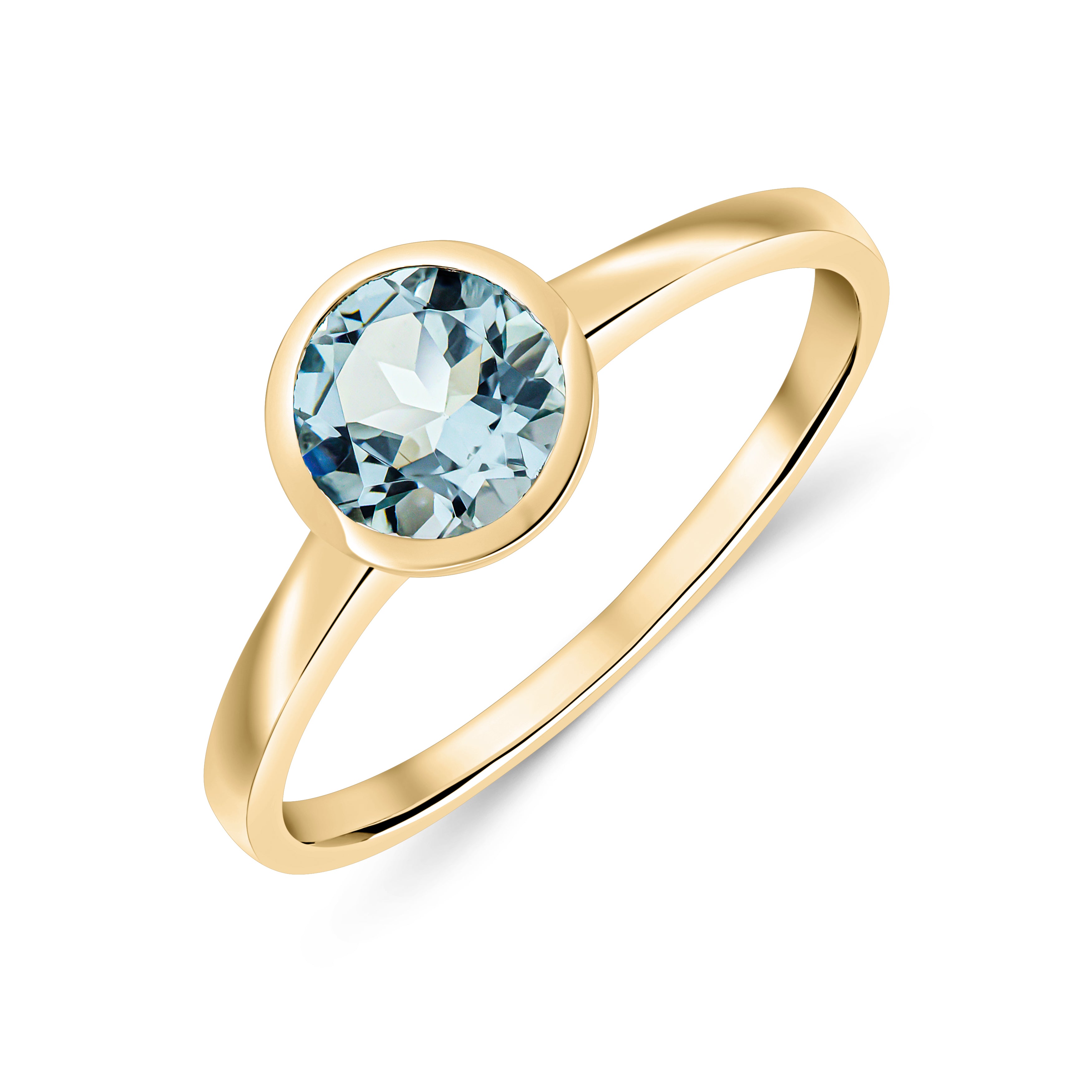 9ct Yellow Gold 6mm Round Aquamarine Rubover Single Stone Ring