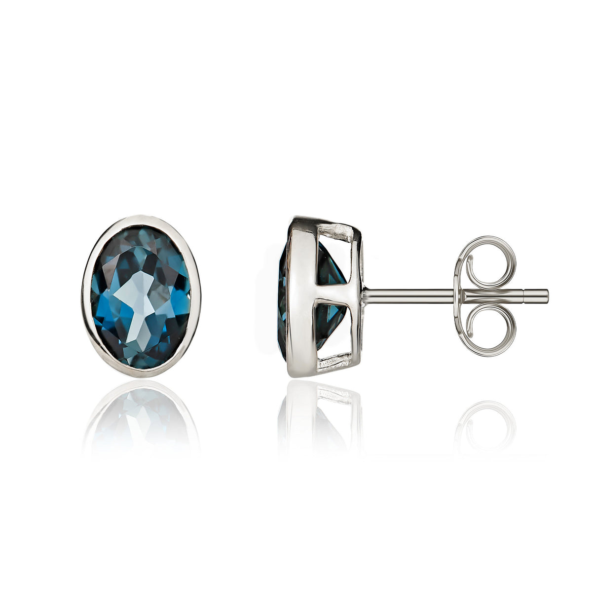 9ct White Gold 7x5 Oval London Blue Topaz Rubover Earstuds