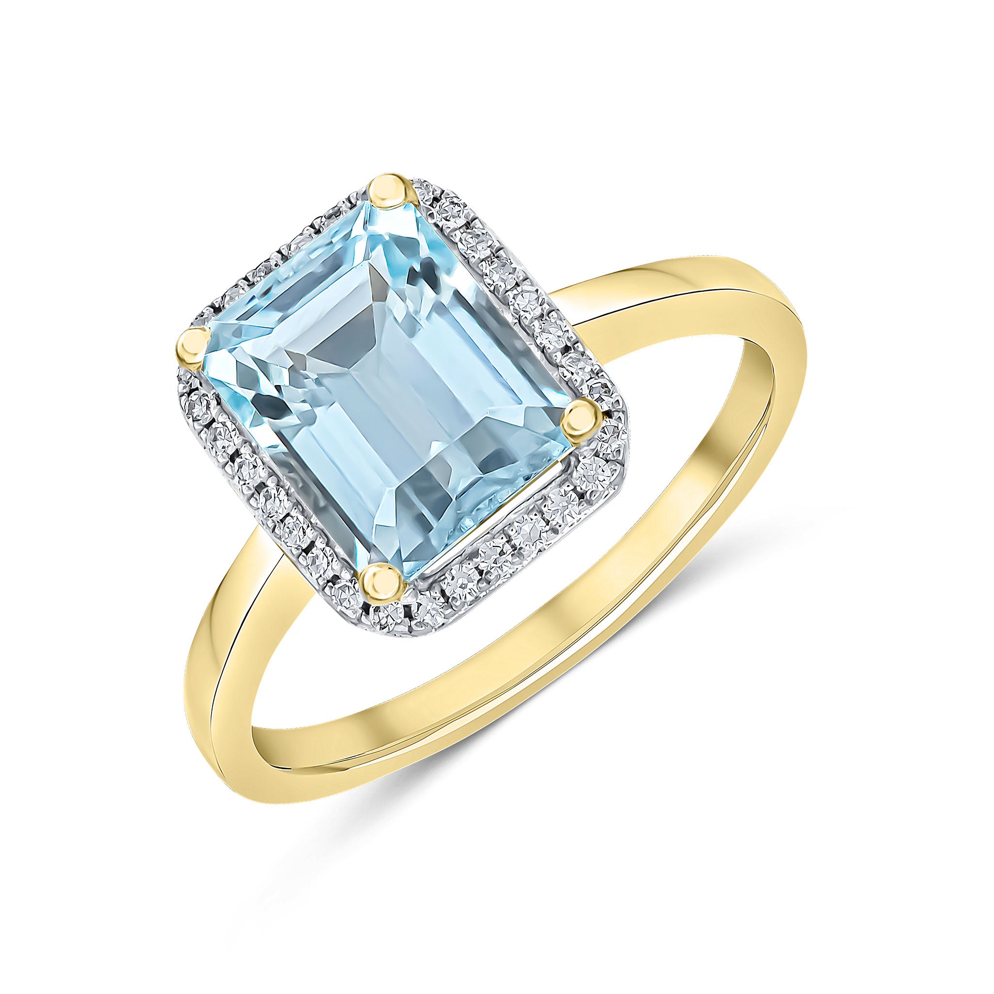 9ct Yellow Gold 9x7 Octagon Aquamarine & Diamond Claw Set Cluster Ring Rhodium to Diamonds