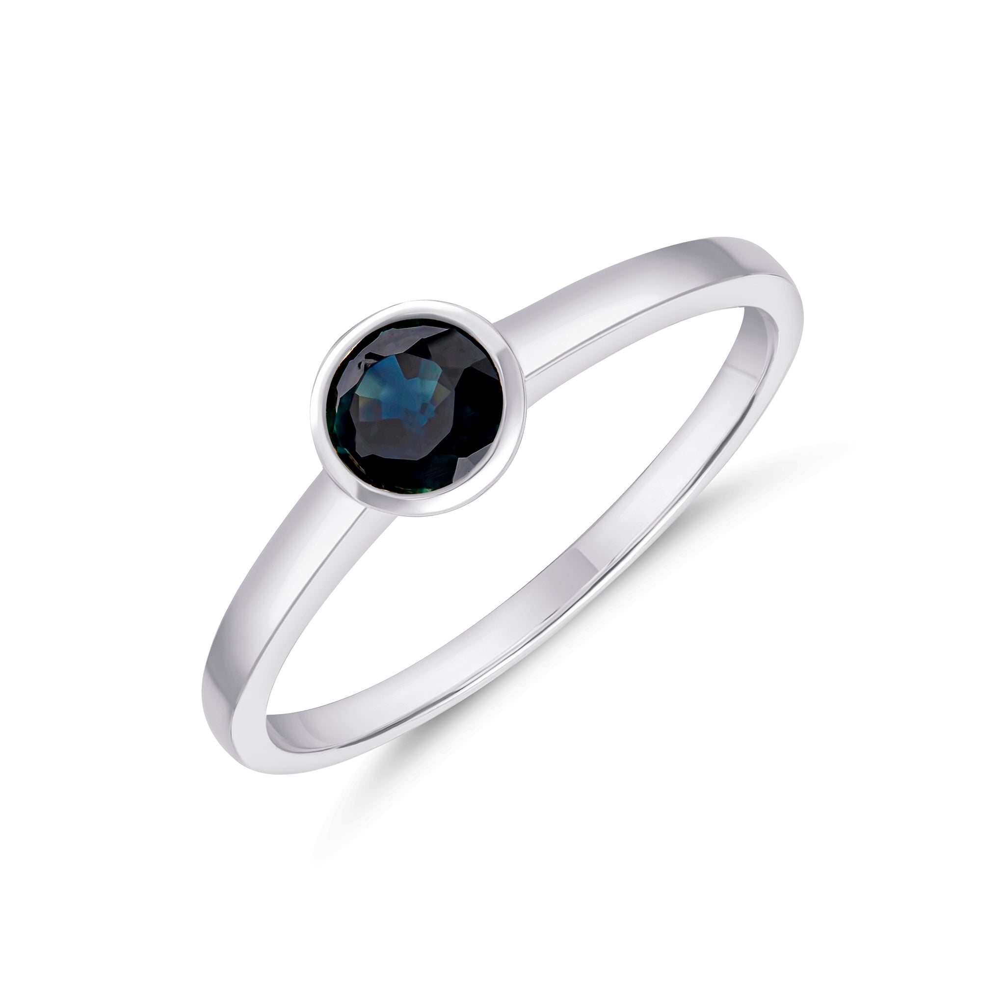 9ct White Gold 5mm Round Sapphire Rubover Single Stone Ring
