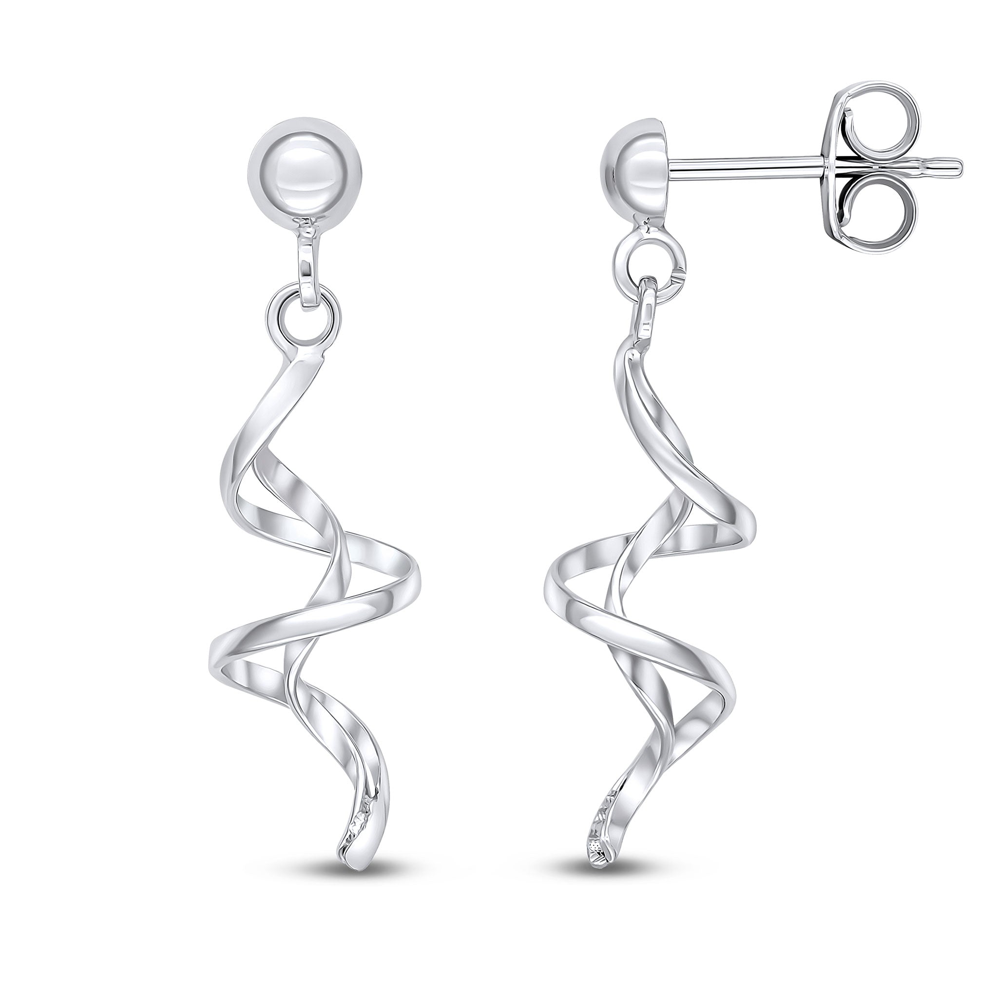 9ct white gold Spiral Drop Earrings With Half Bead Stud Top