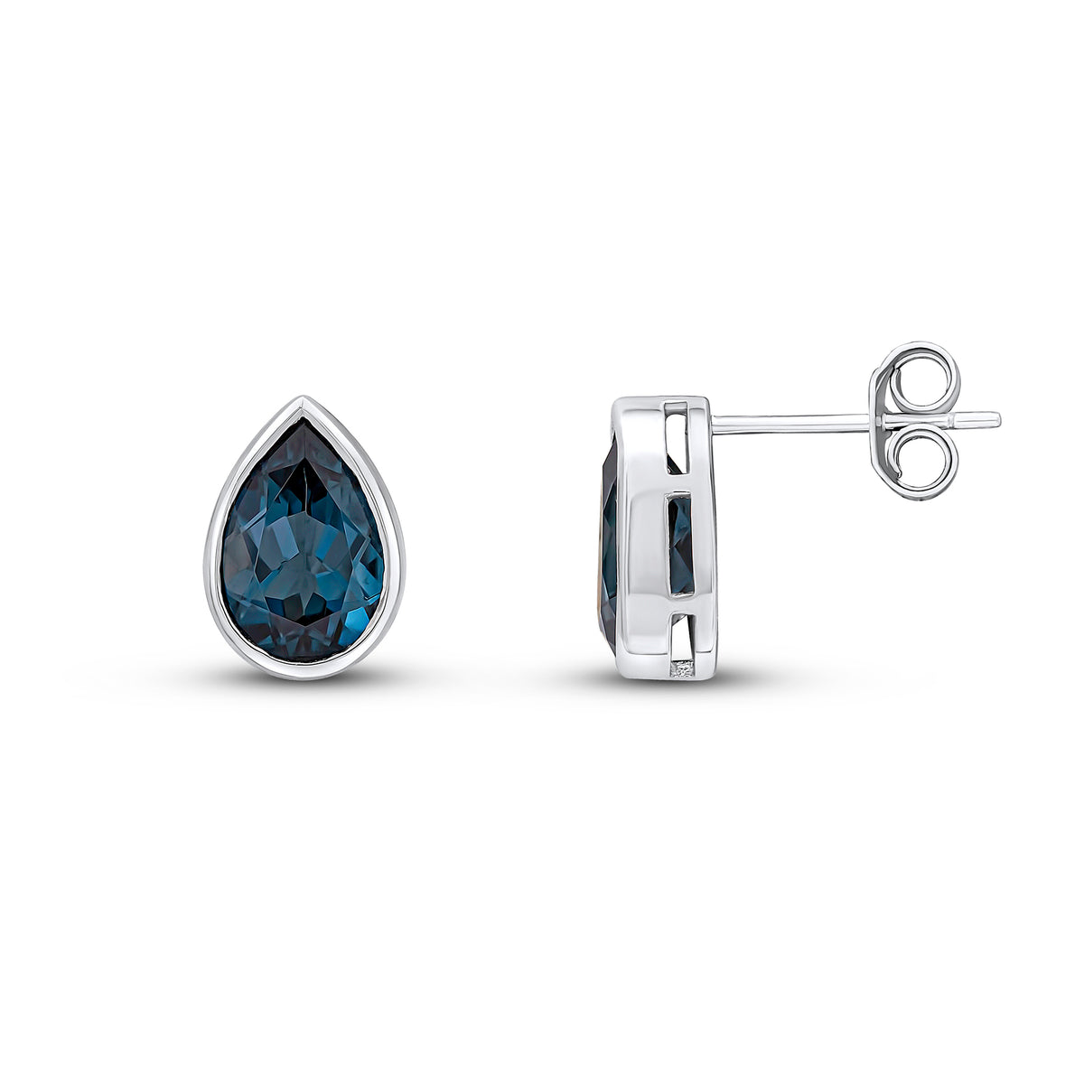 9ct White Gold 9x6 Pear Shape London Blue Topaz Rubover Earrings