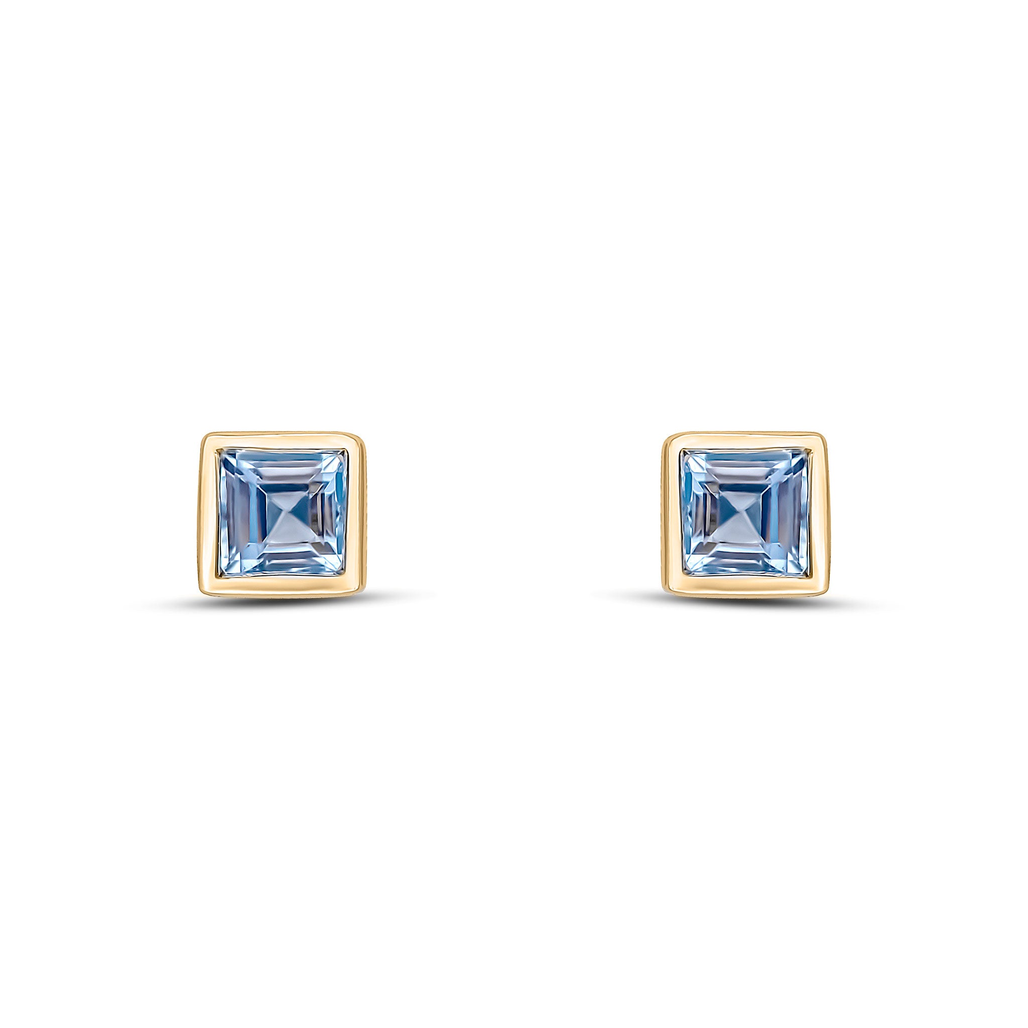 9ct Yellow Gold 3mm Square Aquamarine Rubover Set Earrings