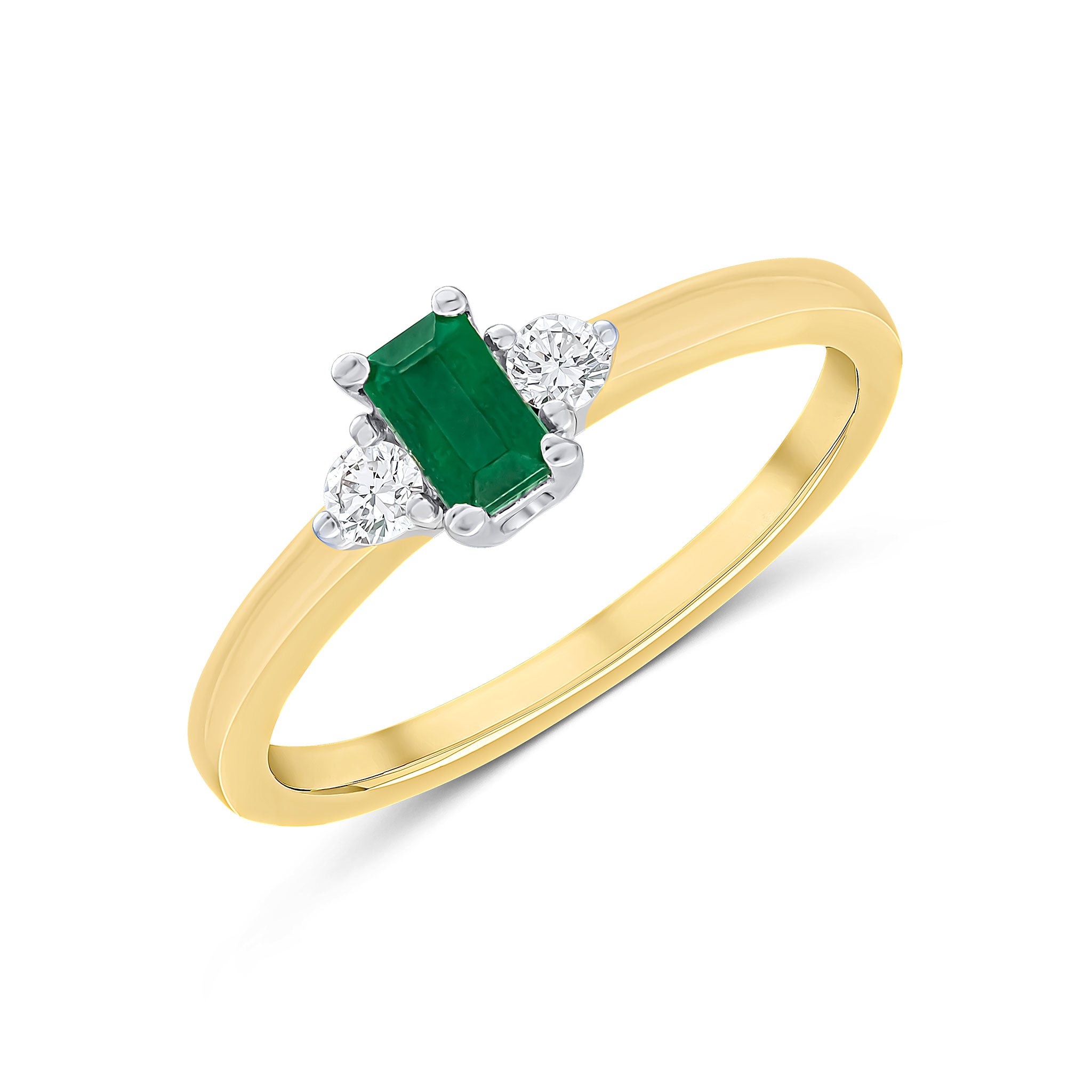 18ct Ywg 5x3 Octagon Emerald and Round Diamond Claw Set 3 Stone Ring