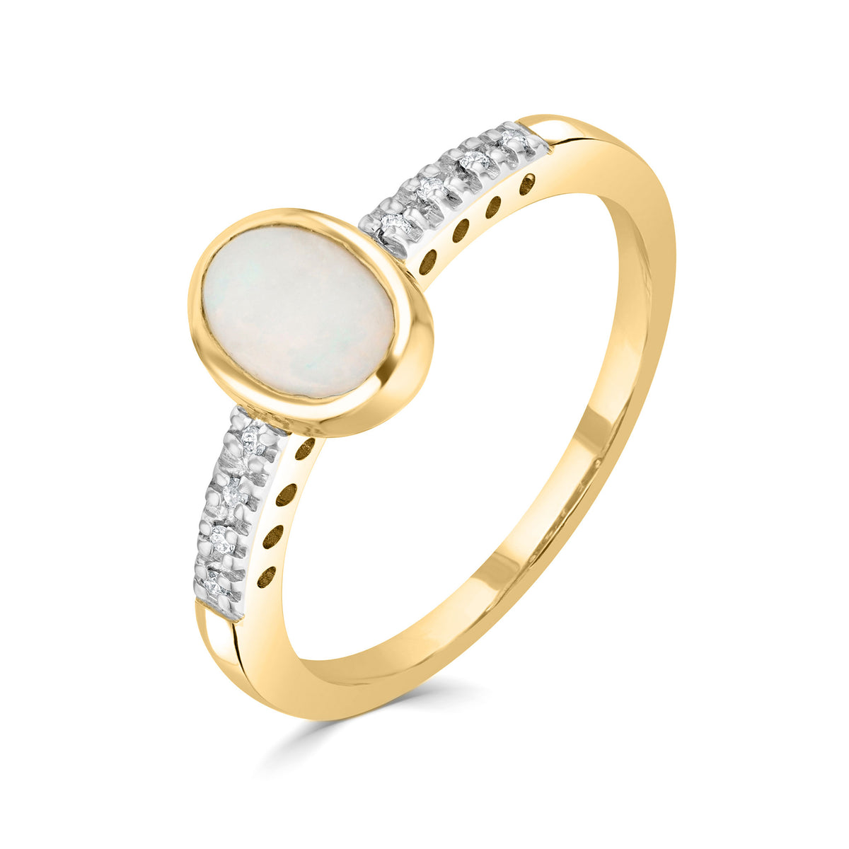 9ct Yellow Gold Rubover 7x5 Oval Opal Single Stone Ring with Claw Set Diamond Shoulders Rhodium to Diamonds