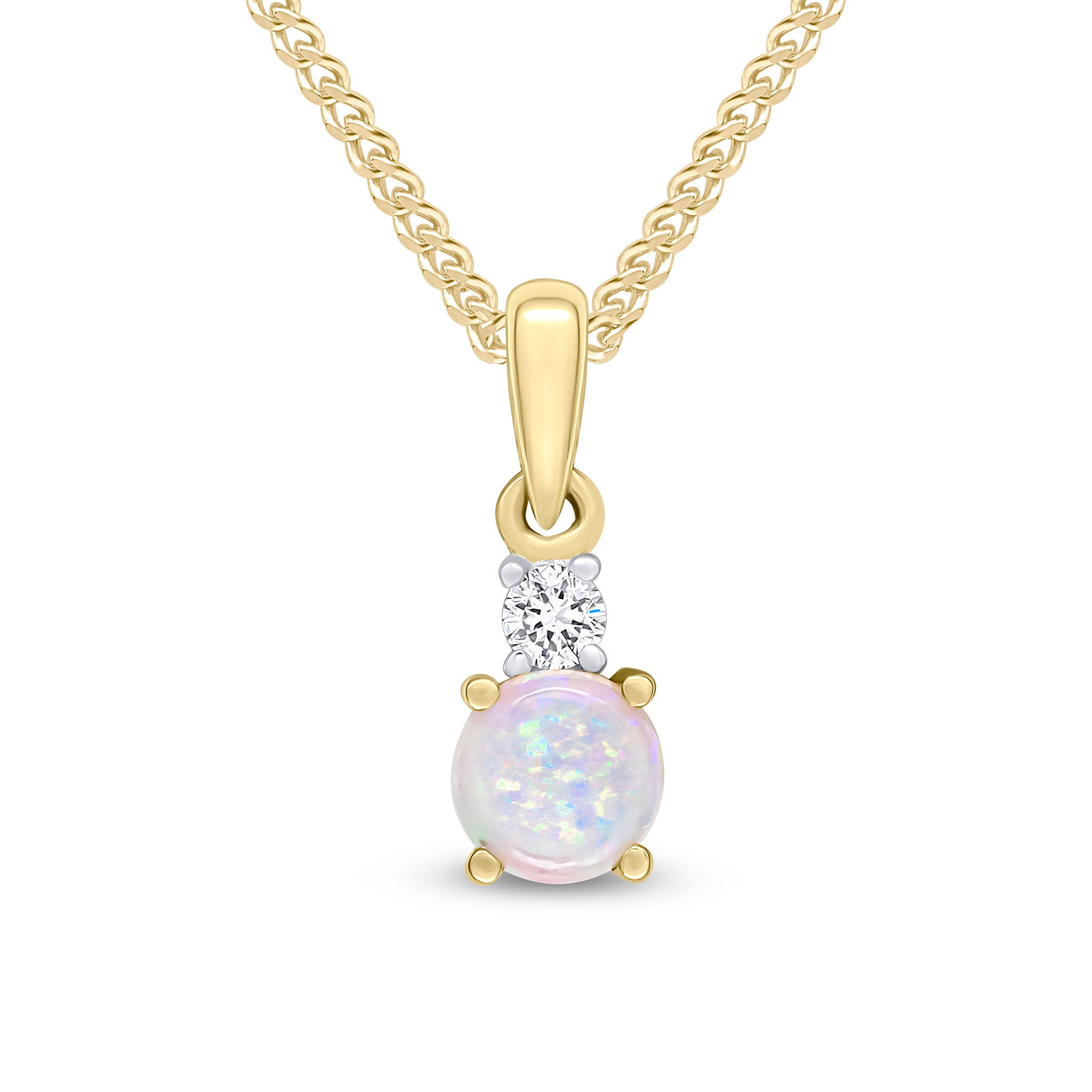 18ct Yellow Gold Round Opal and Round Diamond Claw Set 2 Stone Pendant with Plain Loop Top