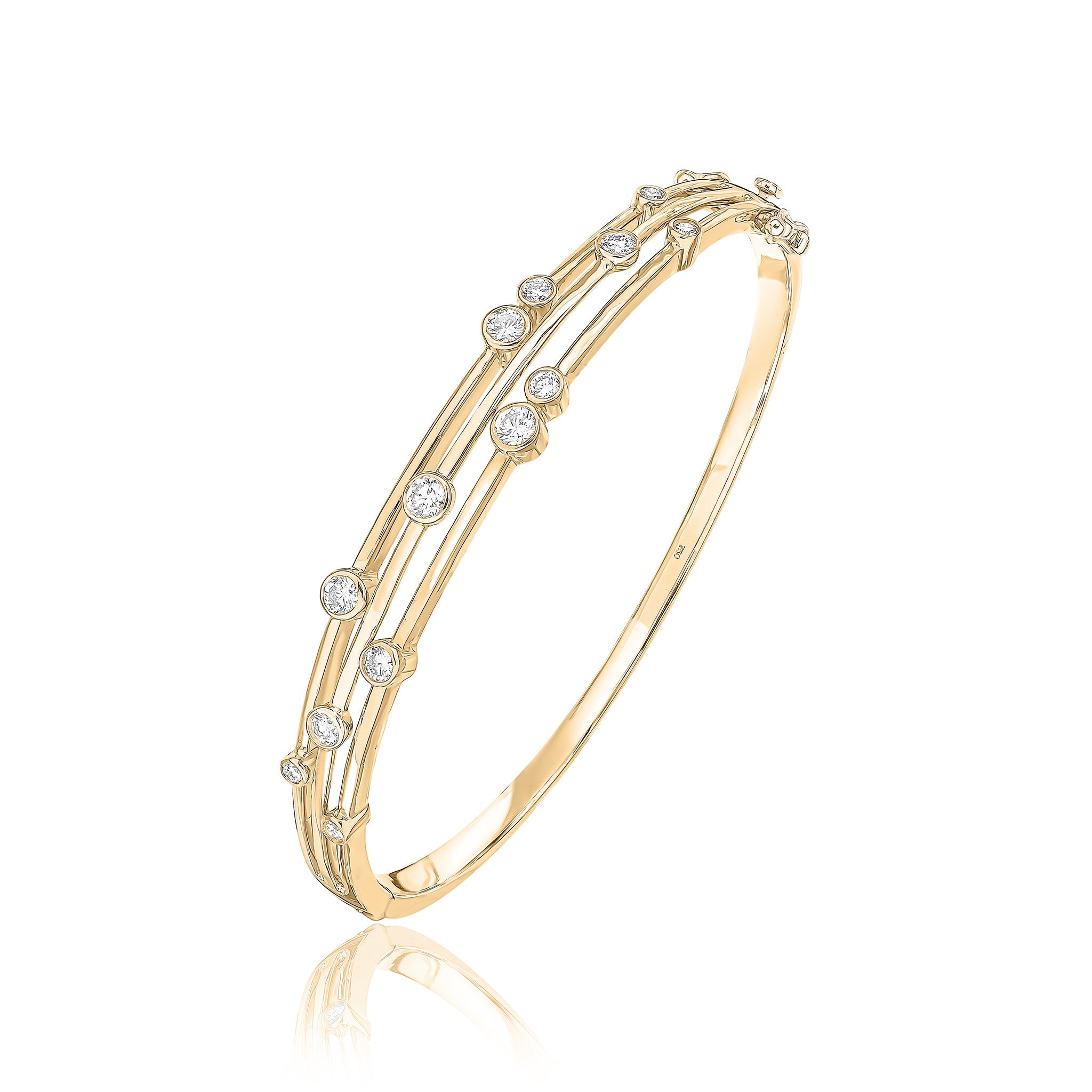 9ct Yellow Gold Round Diamond 3 Row 'bubble' Hinged Bangle 1ct Total