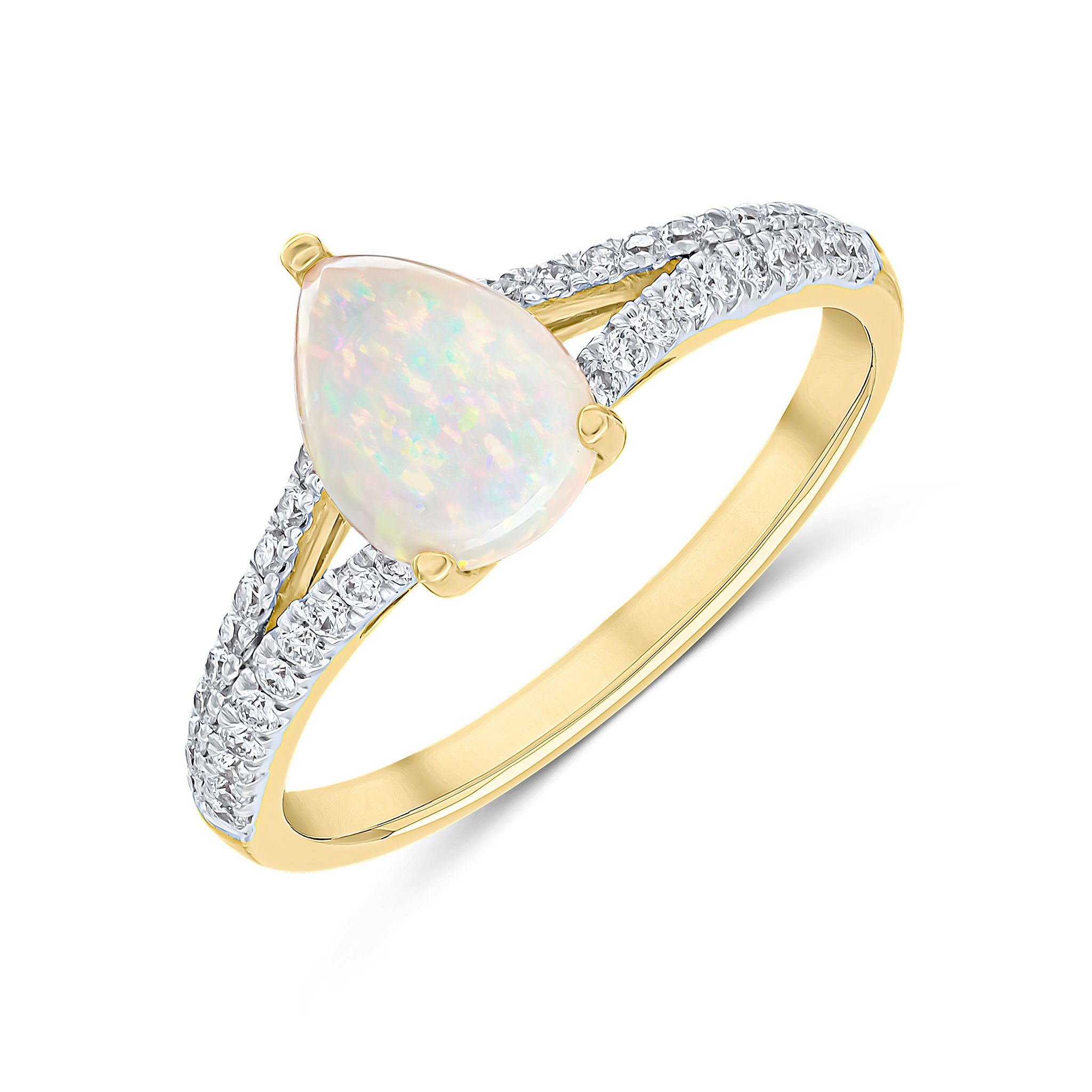 18ct Yellow Gold Claw Set Pear Shape Opal & Grain Set Round Diamond Split Band Ring Rhodium to Diamonds