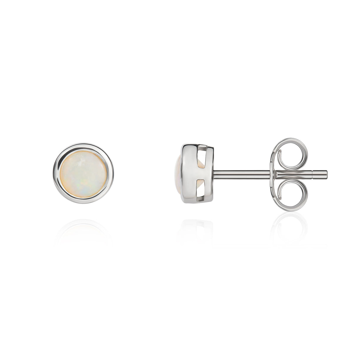 9ct White Gold 4mm Round Opal Rubover Stud Earrings