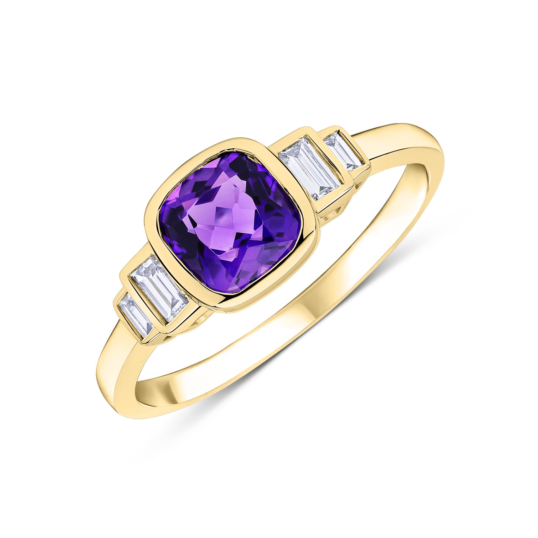 9ct Yellow Gold 6mm Cushion Amethyst & Baguette Diamond 2 Stone Stepped Shoulders Ring