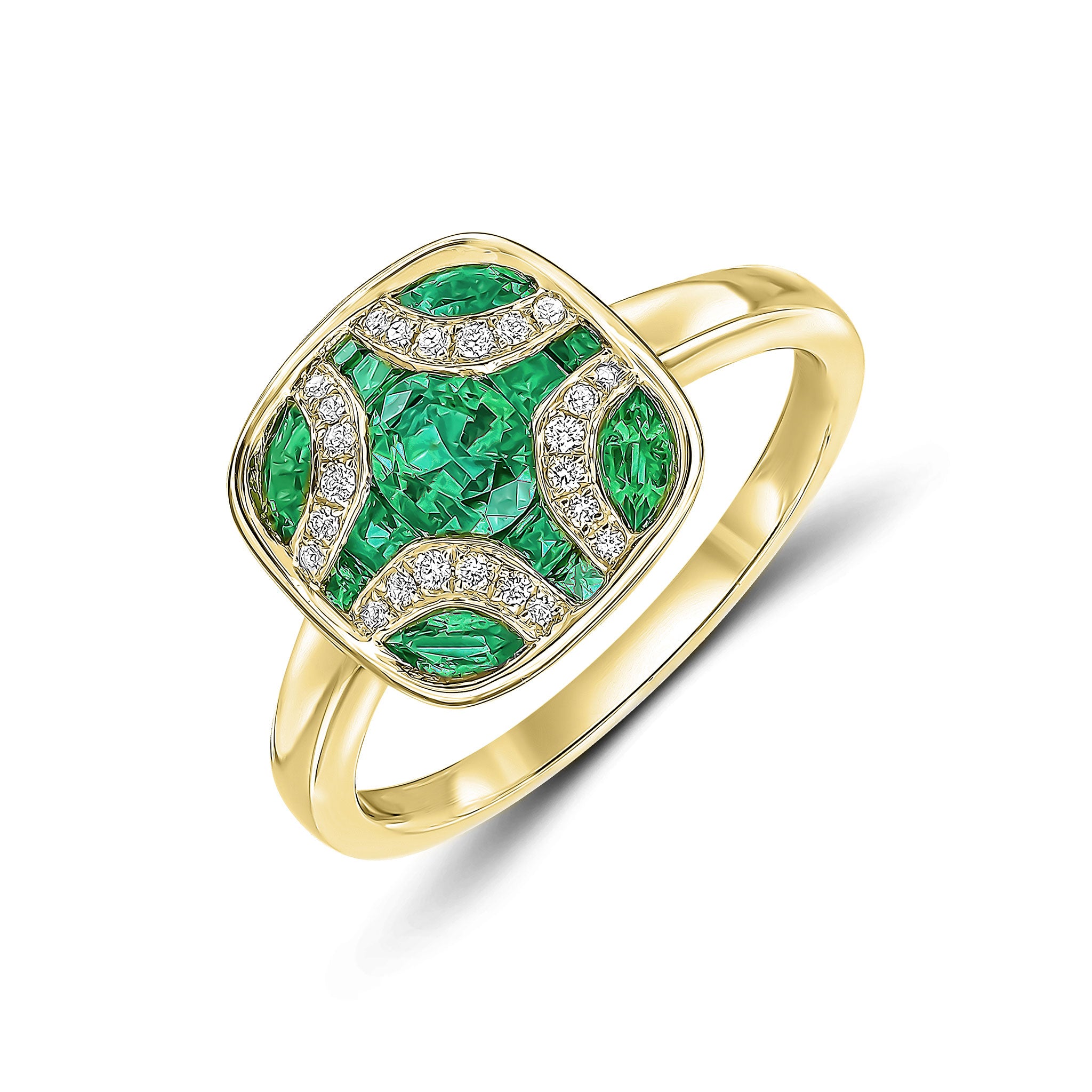 18ct Yellow Gold Emerald & Diamond Shield Ring with Plain Shank