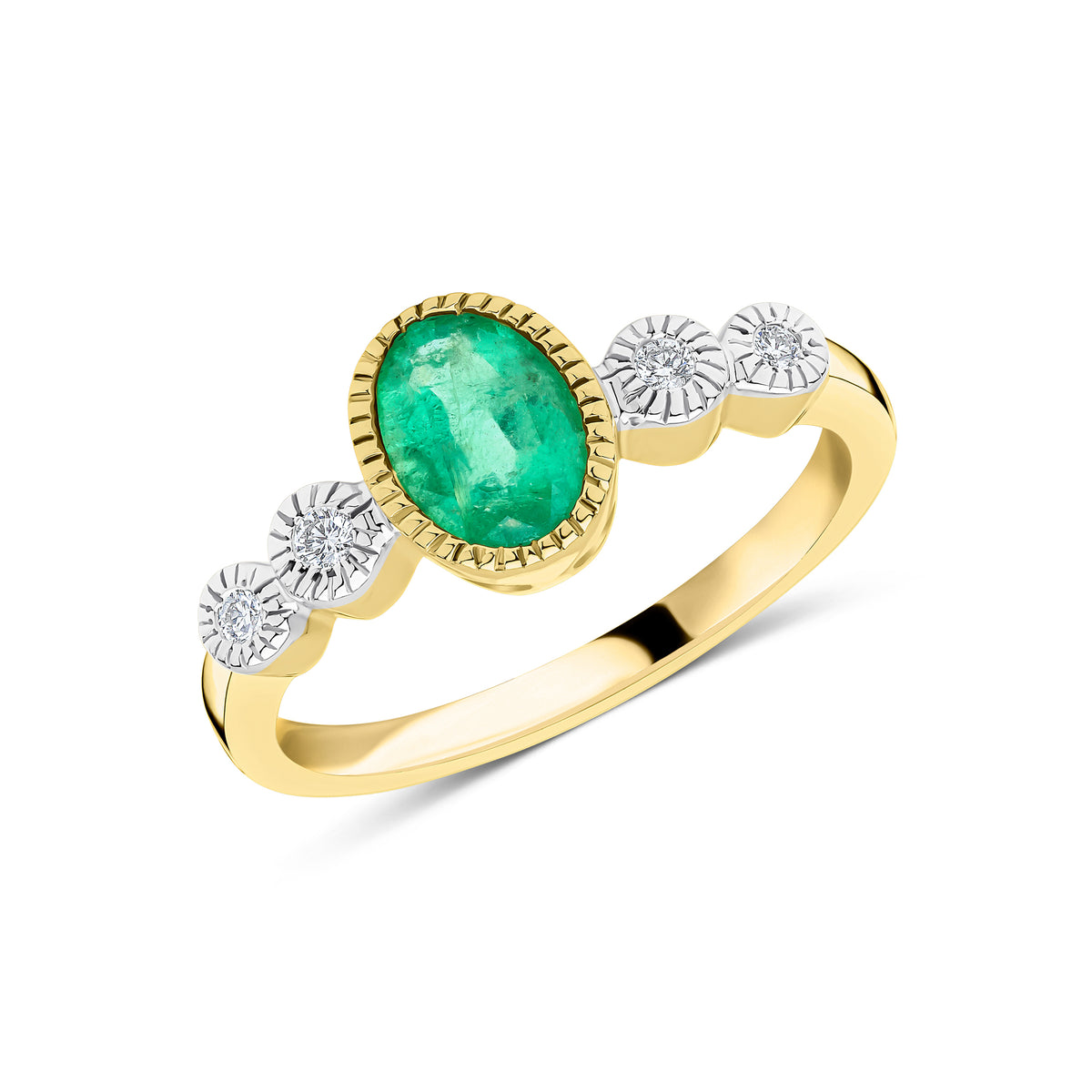 9ct Yellow Gold 7x5 Oval Emerald & Diamond 2 Stone Shoulders Milgrain Set Ring Rhodium to Diamonds