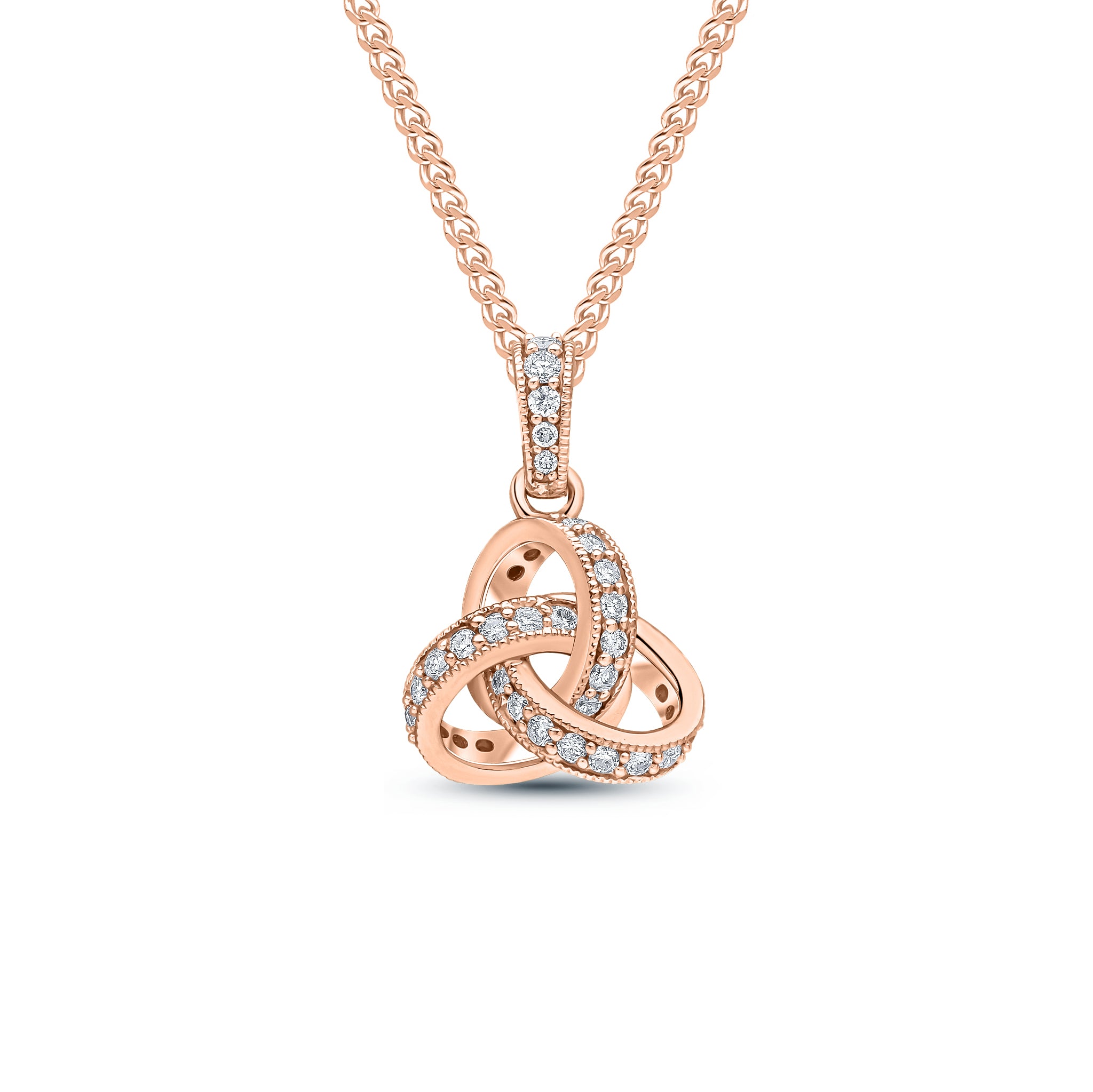18ct Rose Gold Round Diamond Grain Set Knot Pendant with Diamond Set Loop Top Small