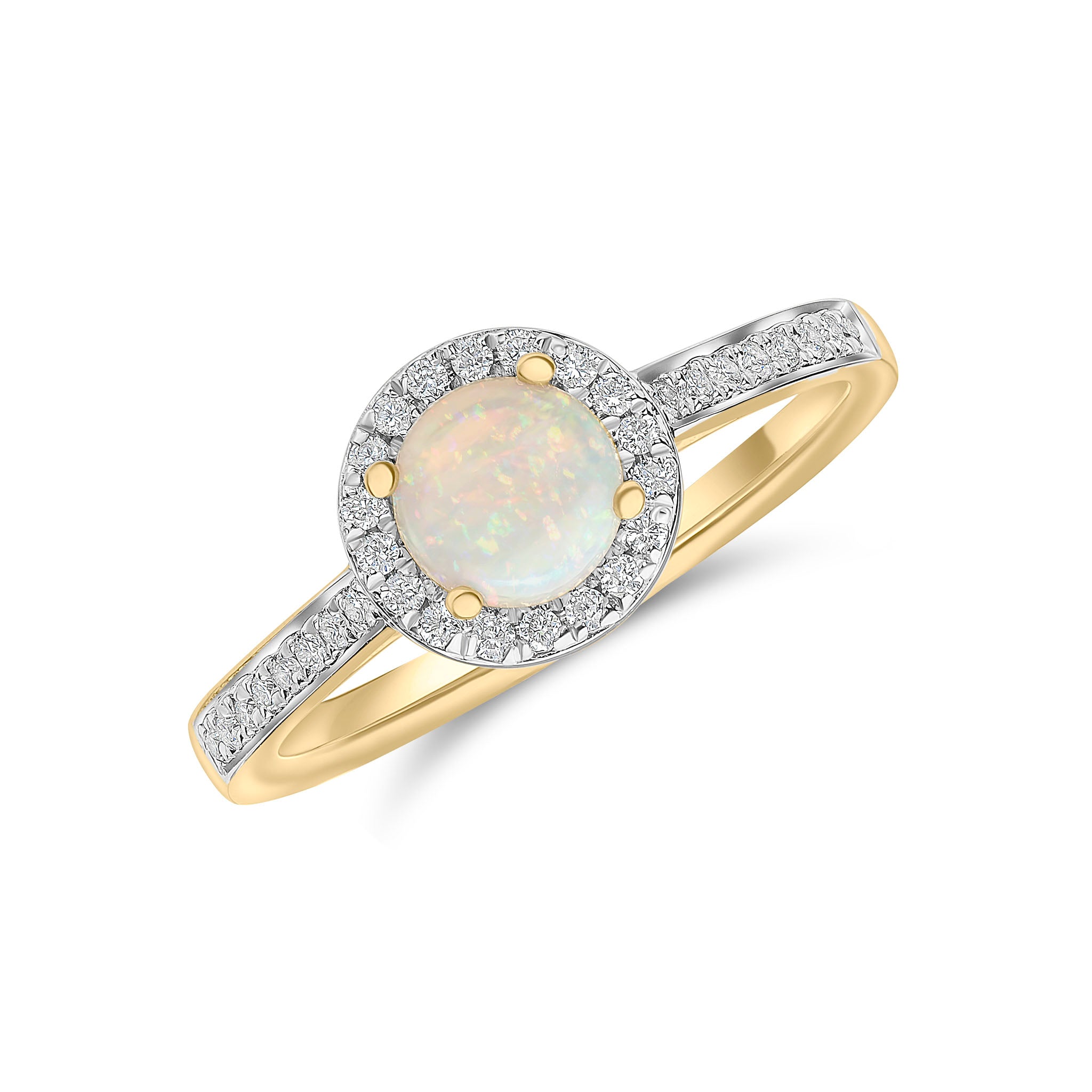 18ct Yellow Gold 5.5mm Round Opal & Diamond Claw Cluster Ring with Diamond Set Shoulders Rhodium to Diamonds