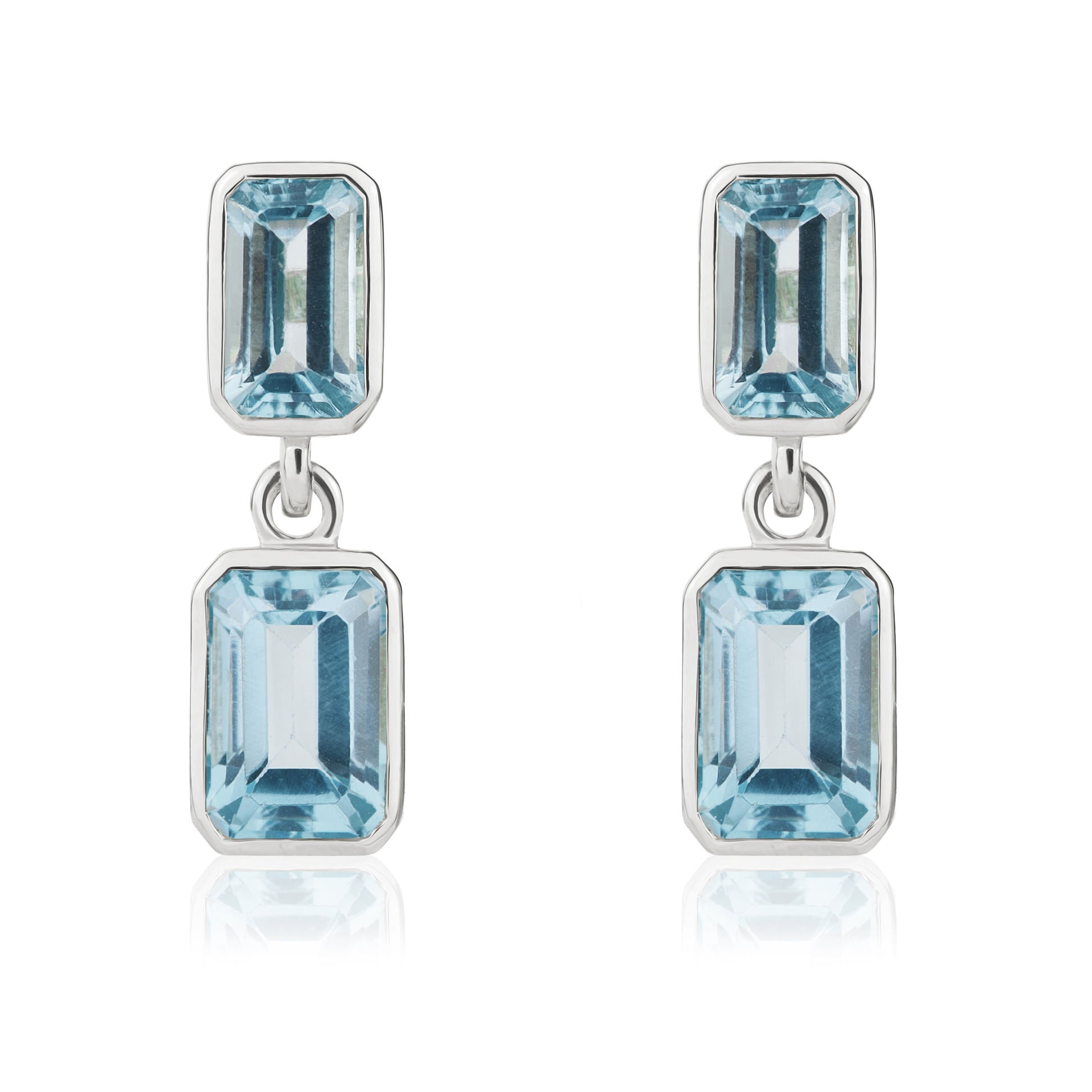 9ct White Gold Octagon Swiss Blue Topaz Rubover 2 Stone Drop Earrings