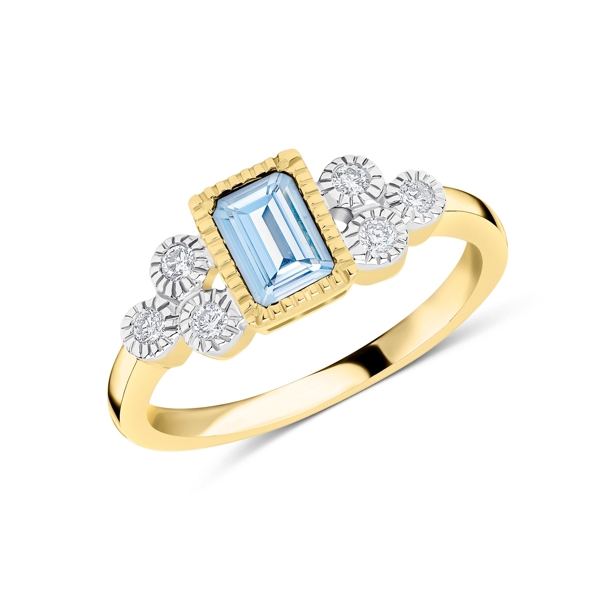 9ct Yellow Gold 6x4 Octagon Aquamarine and Diamond Trefoil Shoulders Milgrain Set Ring Rhodium to Diamonds