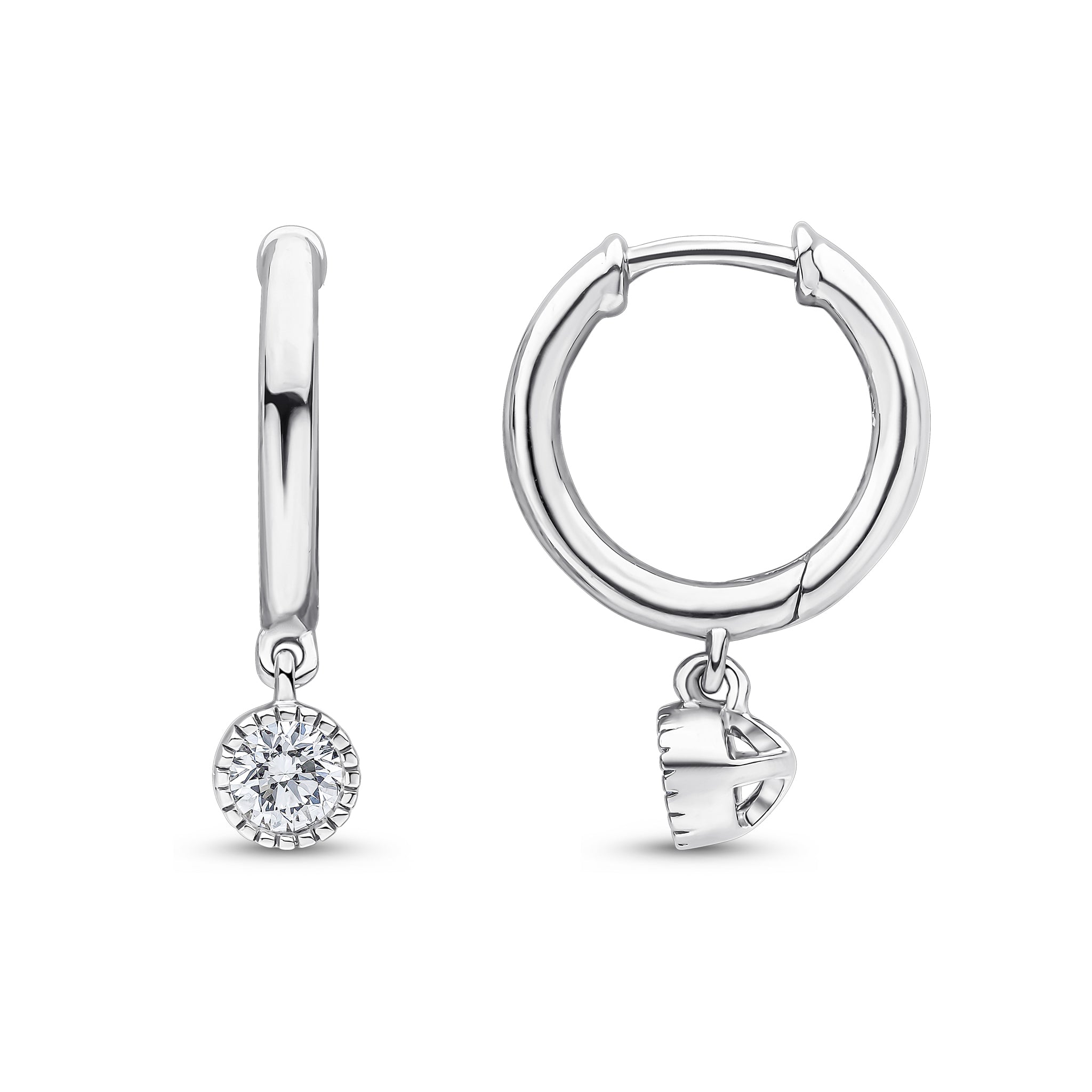 18ct White Gold Plain Hoop with Milgrain Set Round Diamond Drop 0.30ct