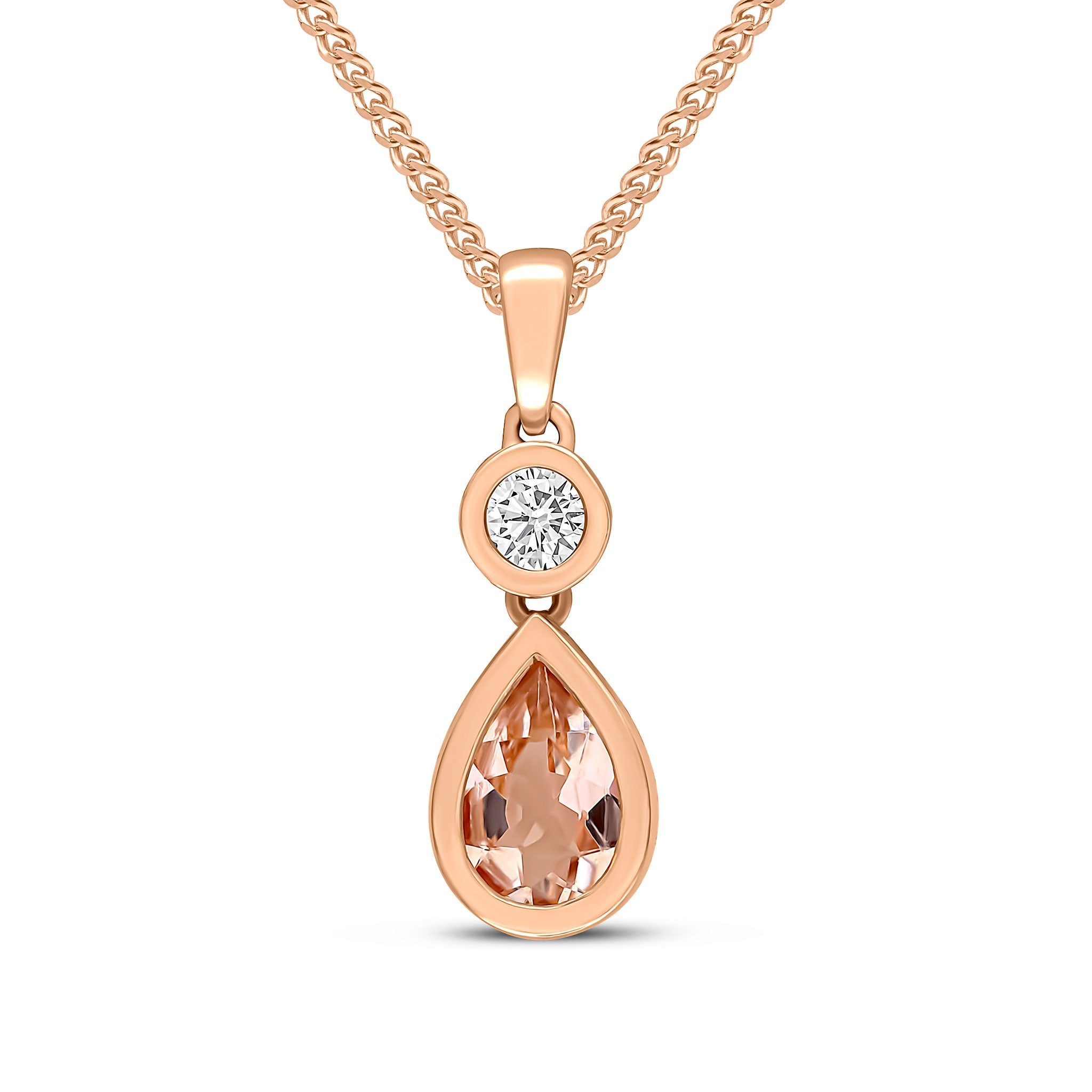18ct Rose Gold Pear Shape Morganite and Round Diamond 2 Stone Rubover Pendant