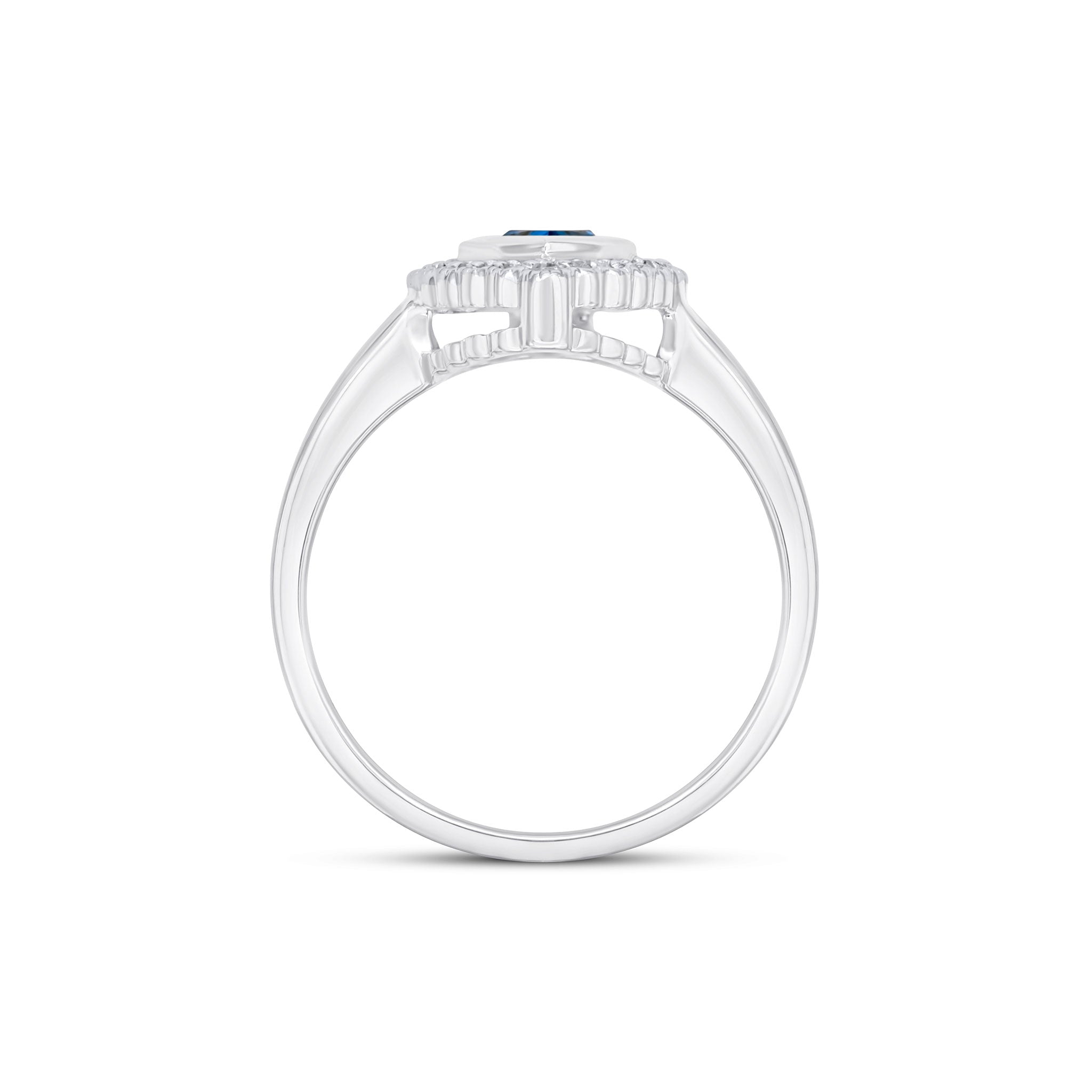 9CT WHITE GOLD PEARSHAPE RUBOVER SWISS BLUE TOPAZ AND MILLEGRAIN ROUND DIAMOND CLUSTER RING 1