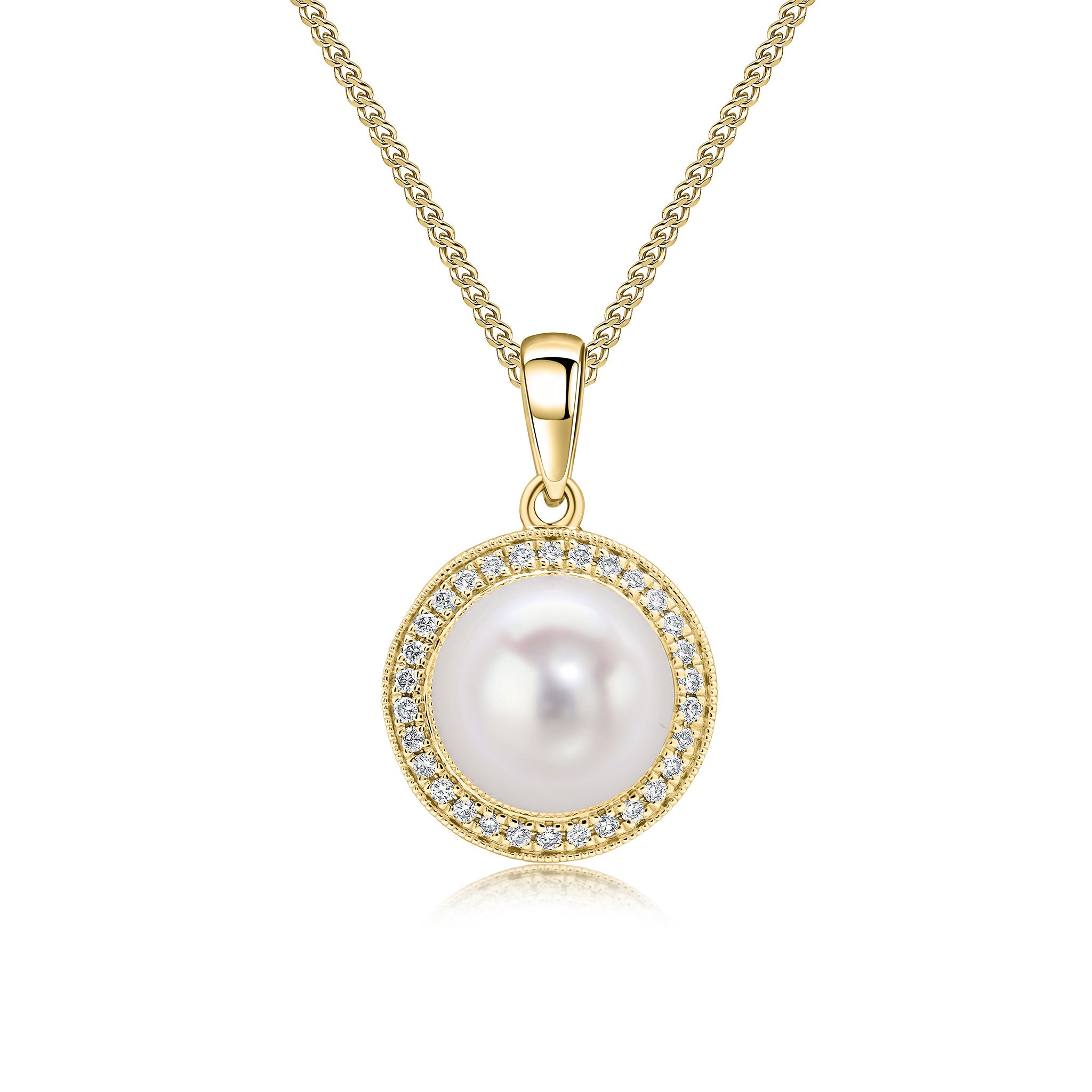18ct Yellow Gold Freshwater Cultured Pearl and Milgrain Diamond Round Cluster Pendant