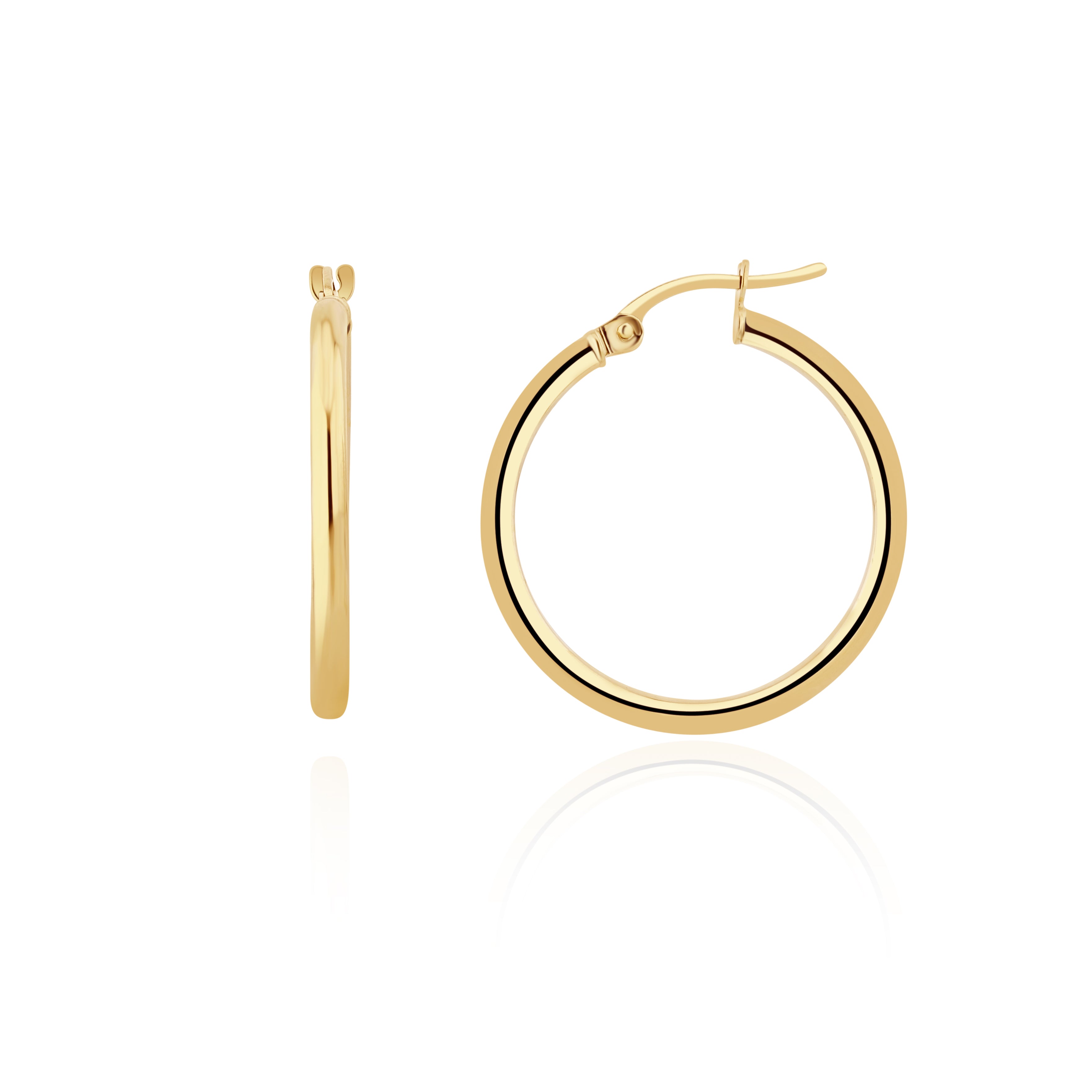 9ct Yellow Gold 2mm Polished Tube Hoop Earrings. 24mm Outer Diameter