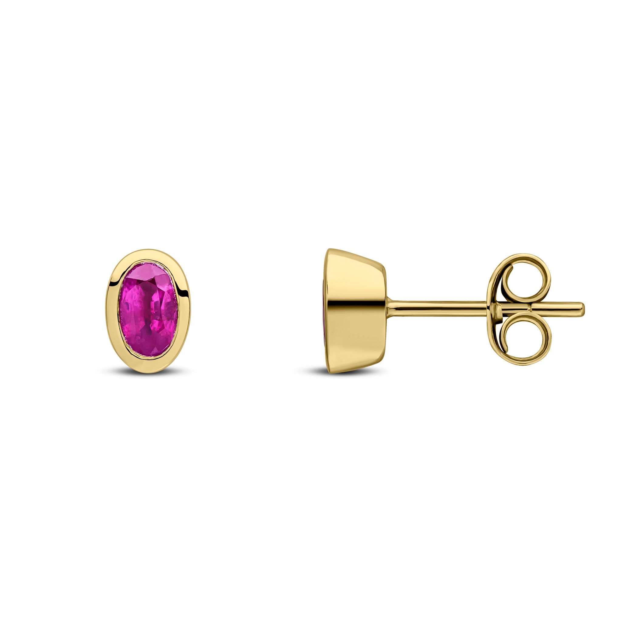 9ct Yellow Gold 5x3mm Oval Ruby Rubover Stud Earrings