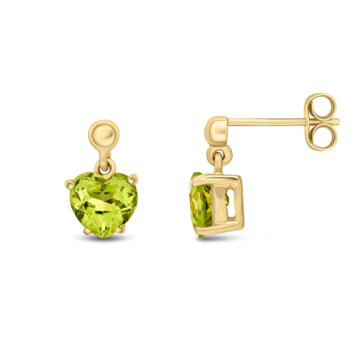 9ct Yellow Gold 6mm Heart-Shape Peridot Claw Set Drop Earrings with 3mm Bead Top
