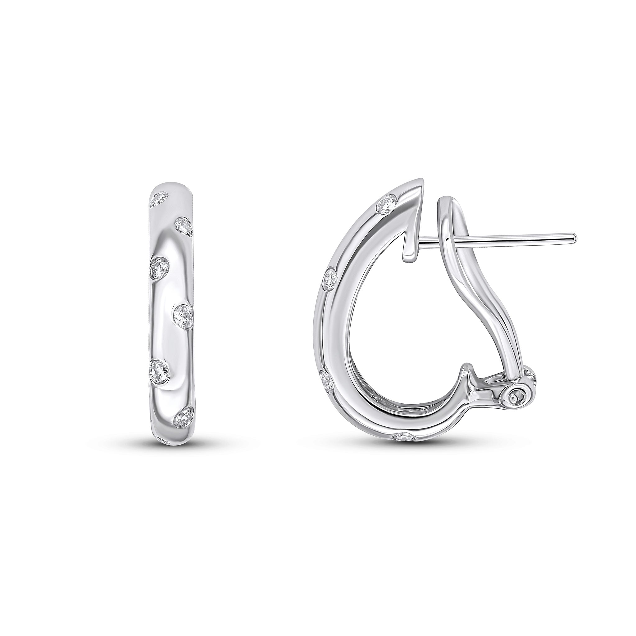 18ct White Gold Round Diamond Flush Set Oval Peg and Clip Half Hoop Earrings