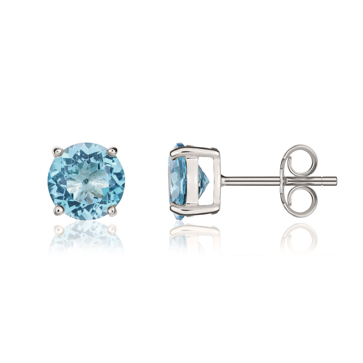 9ct White Gold 8mm Round Swiss Blue Topaz Claw Set Earrings