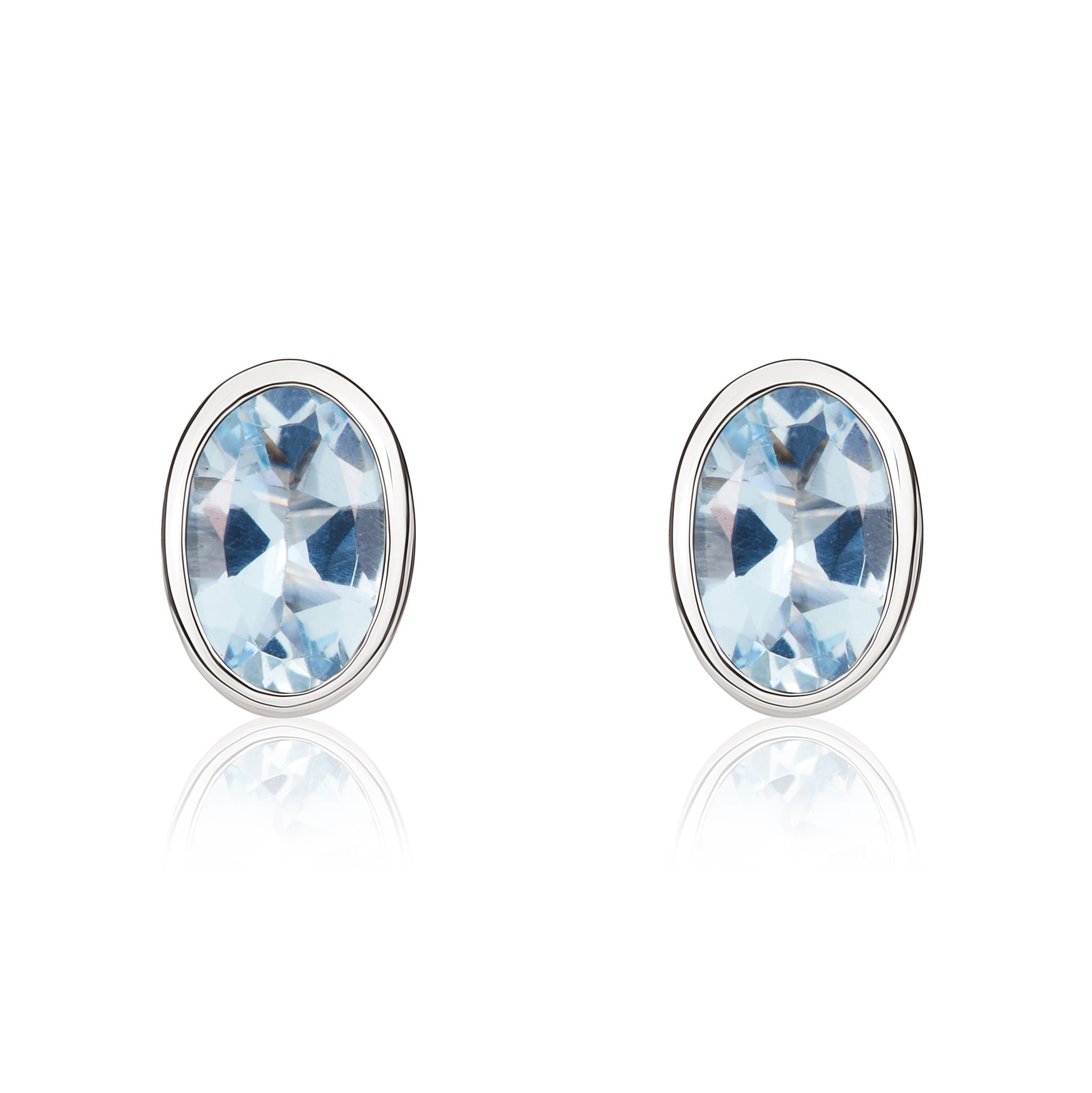 9ct White Gold Oval Aquamarine Rubover Stud Earrings