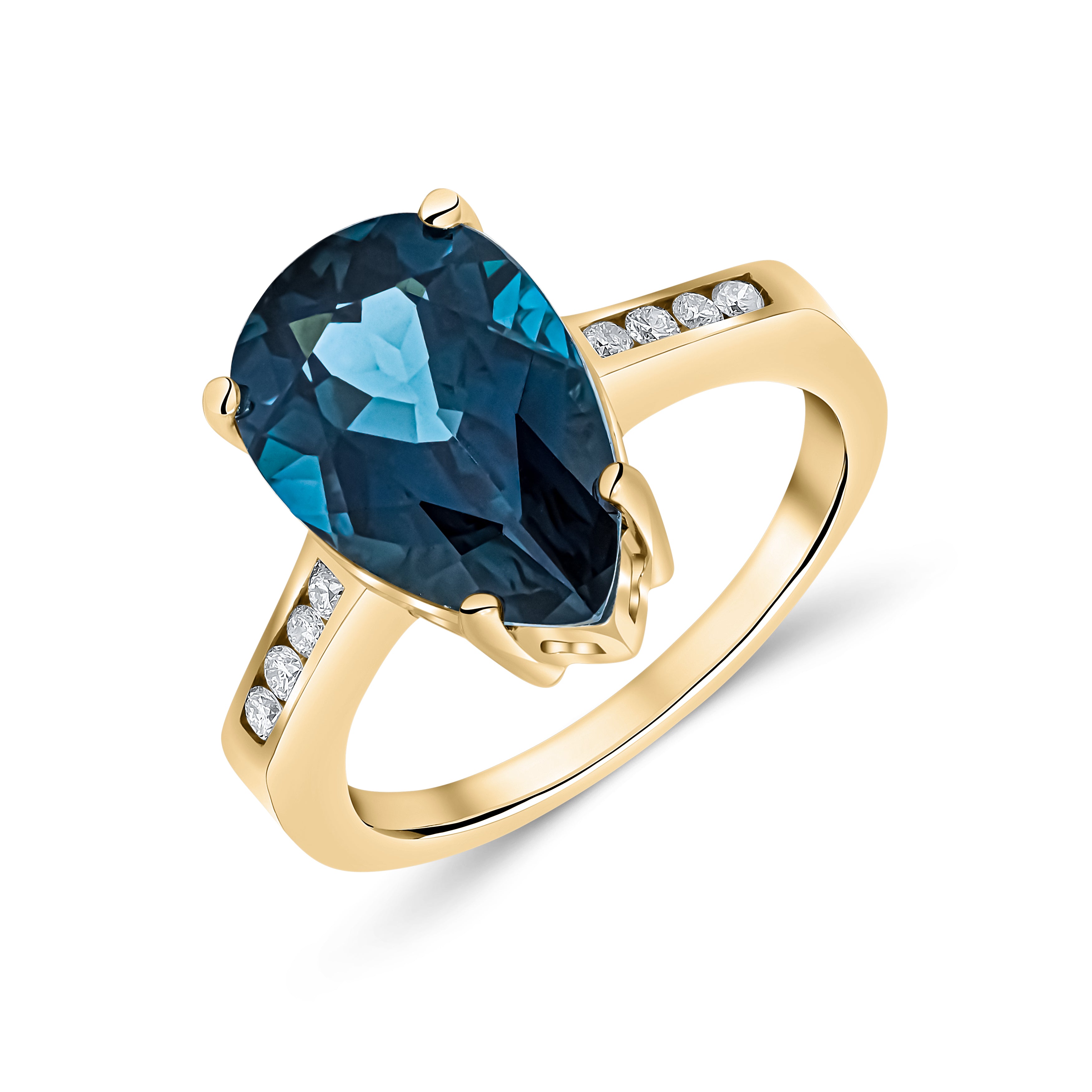 9CT YG 14X9 PEARSHAPE LONDON BLUE TOPAZ SINGLE STONE RING WITH CHANNEL SET DIAMOND SHOULDERS 1