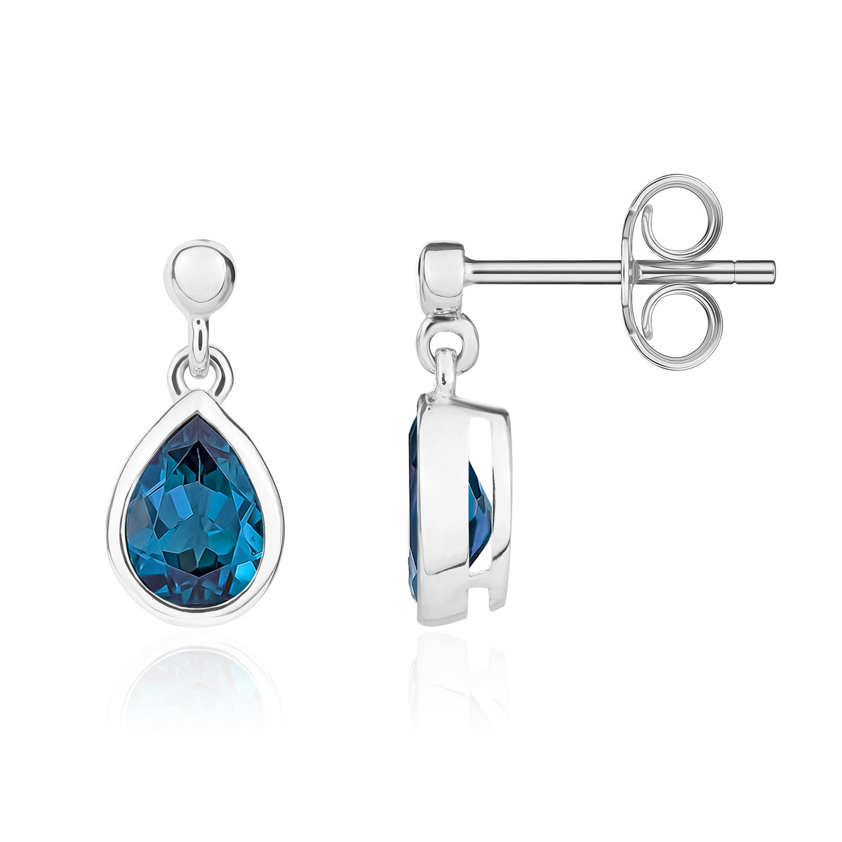 9ct White Gold 7x5 Pear Shape London Blue Topaz Rubover Drop Earrings with Bead Top