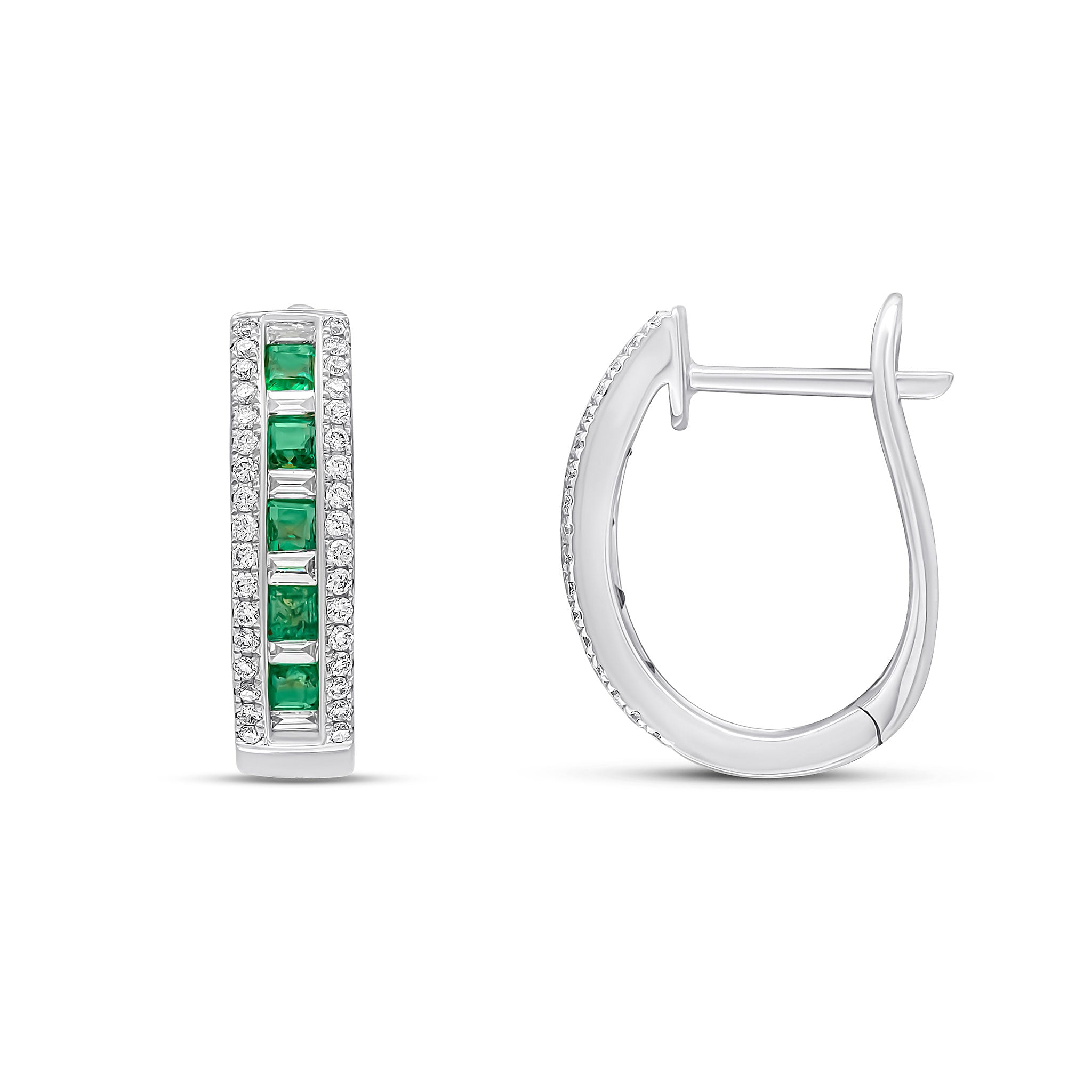 18ct White Gold Square Emerald Baguette & Brill Diamond Oval Hoop Earrings