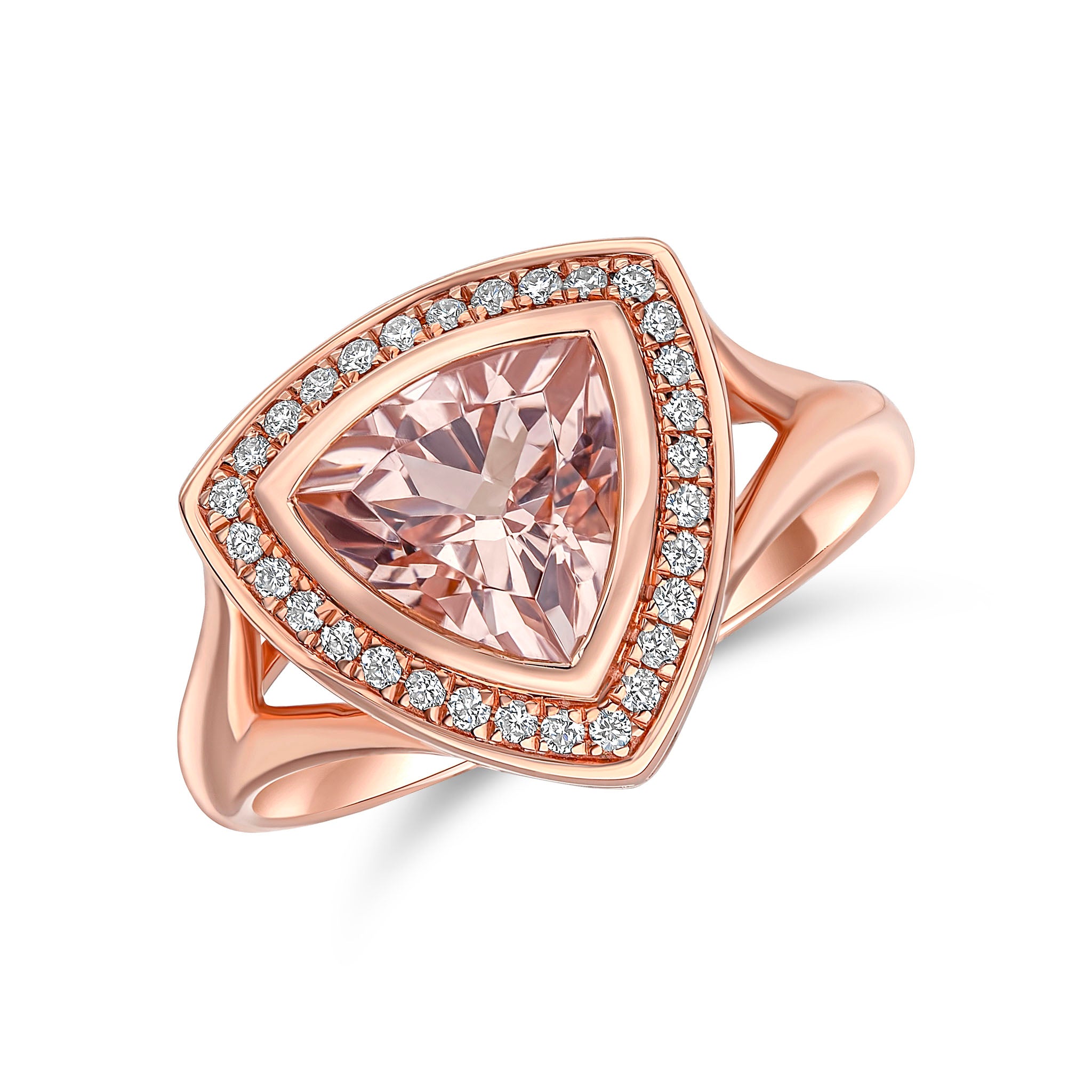 18ct Rose Gold Rubover 8mm Trillion Morganite & Grain Set Diamond Cluster Ring