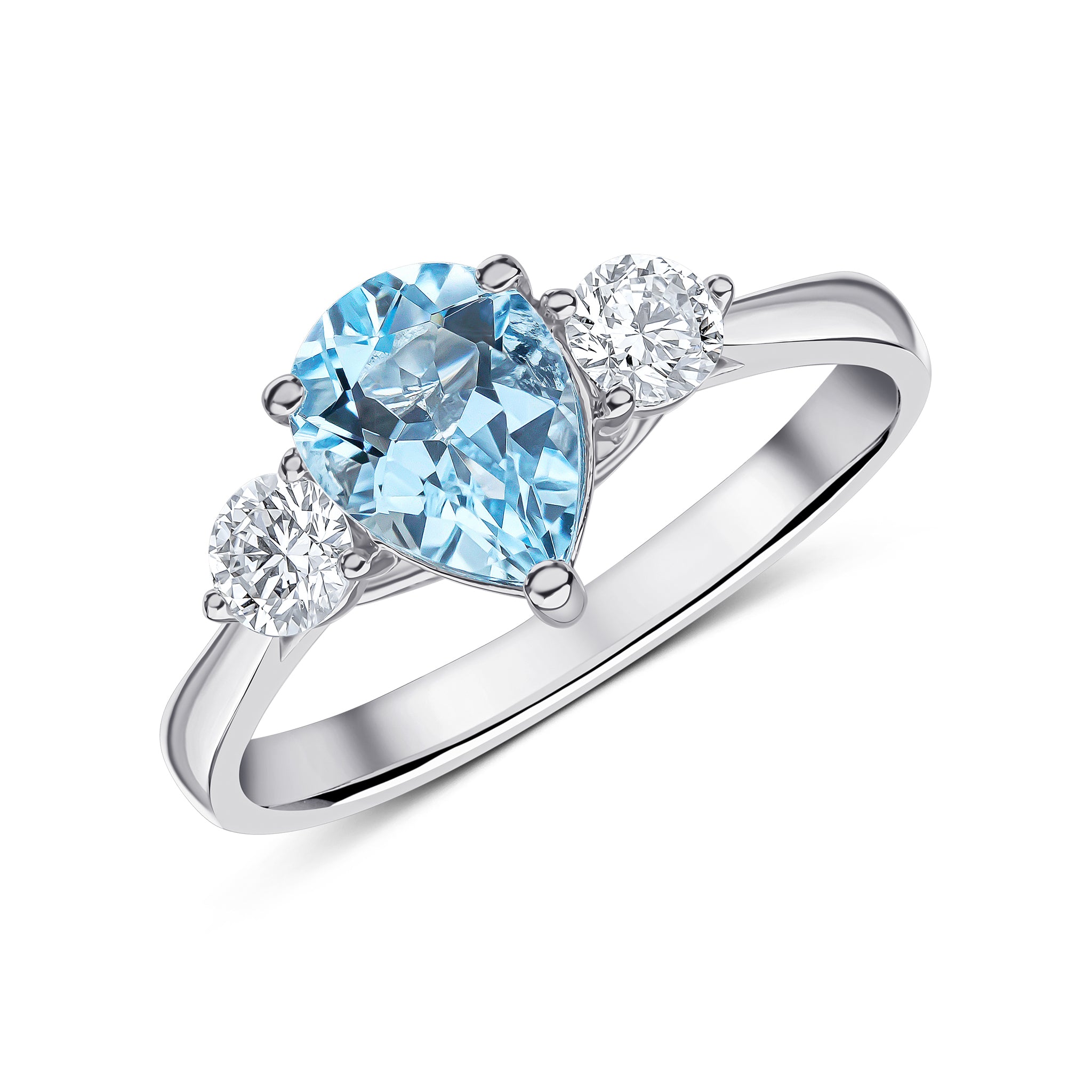 18ct White Gold 8x6 Pear Shape Aquamarine and Round Diamond Claw Set 3 Stone Ring