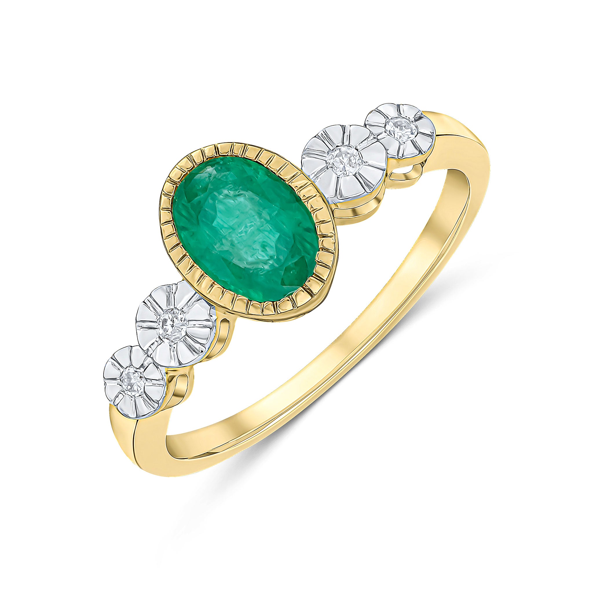 9ct Yellow Gold Milgrain Oval Emerald and Illusion Diamond 4 Stone Shoulders Ring
