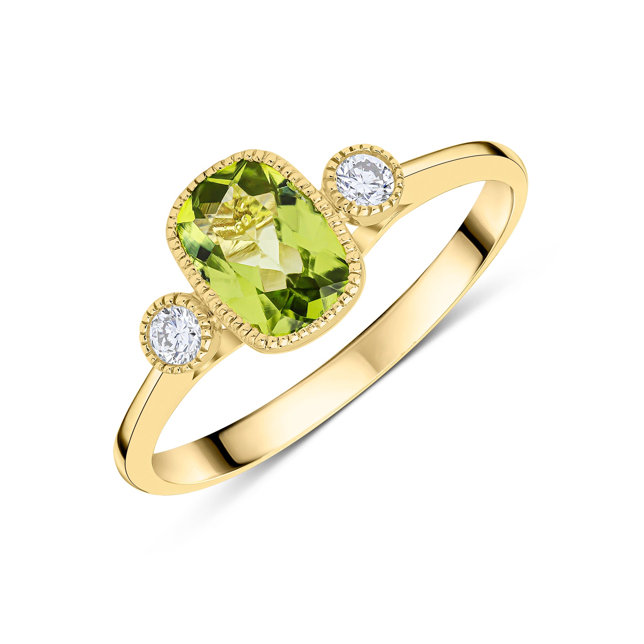 9ct Yellow Gold 7x5 Cushion Peridot & Round Diamond Milgrain Set 3 Stone Ring