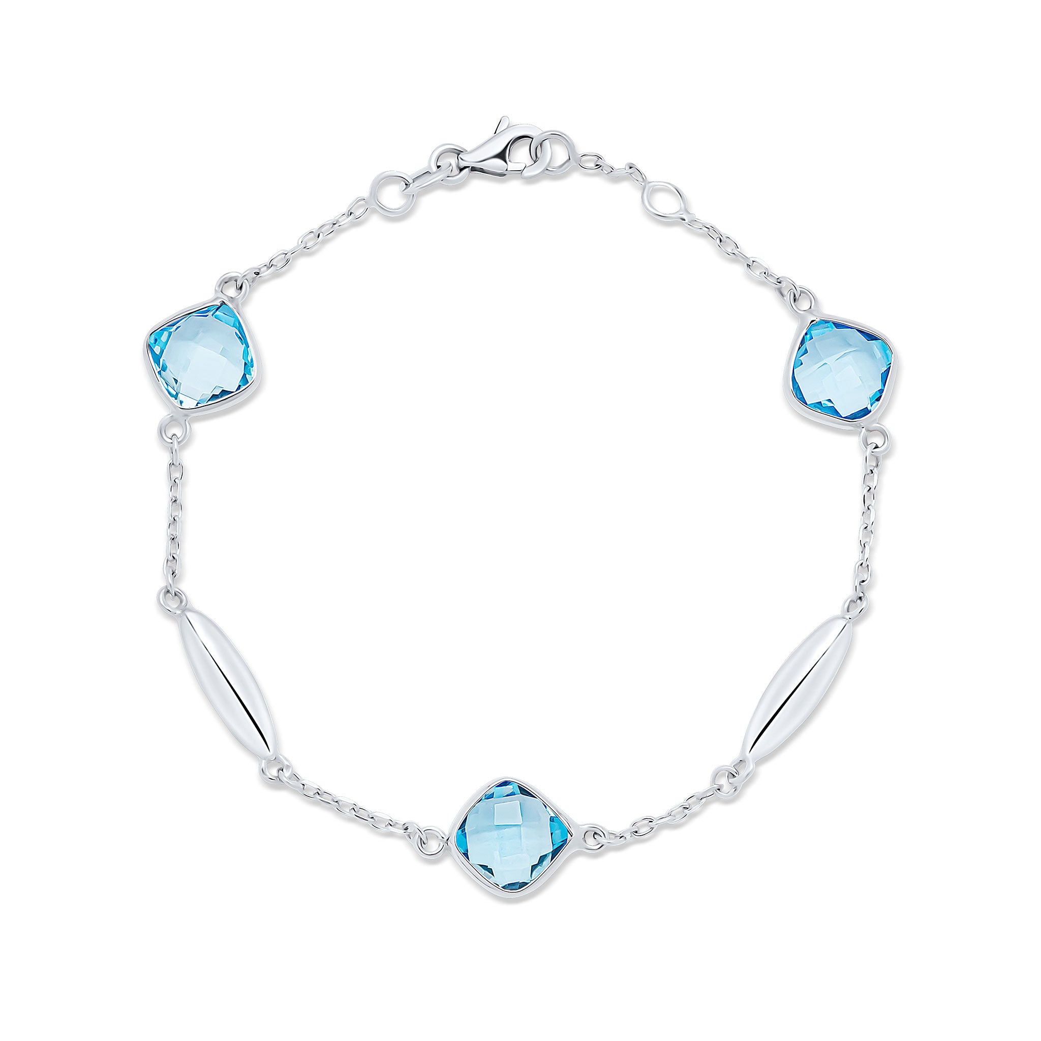 9ct White Gold Checkerboard Cushion Blue Topaz Polished Torpedo Motif and Chain Bracelet