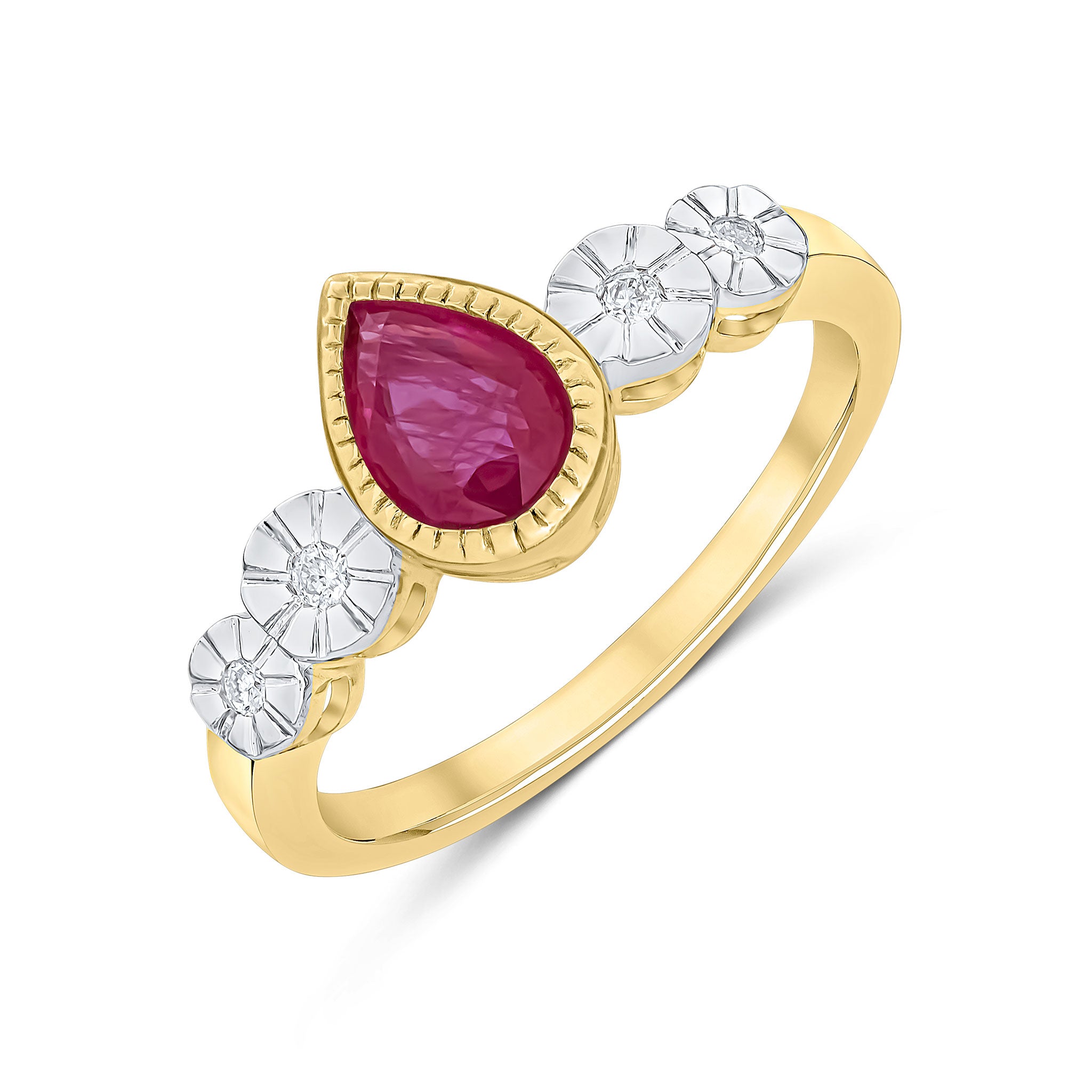 9ct Yellow Gold Milgrain Pear Shape Ruby and Illusion Diamond 4 Stone Shoulders Ring Rhodium to Diamonds