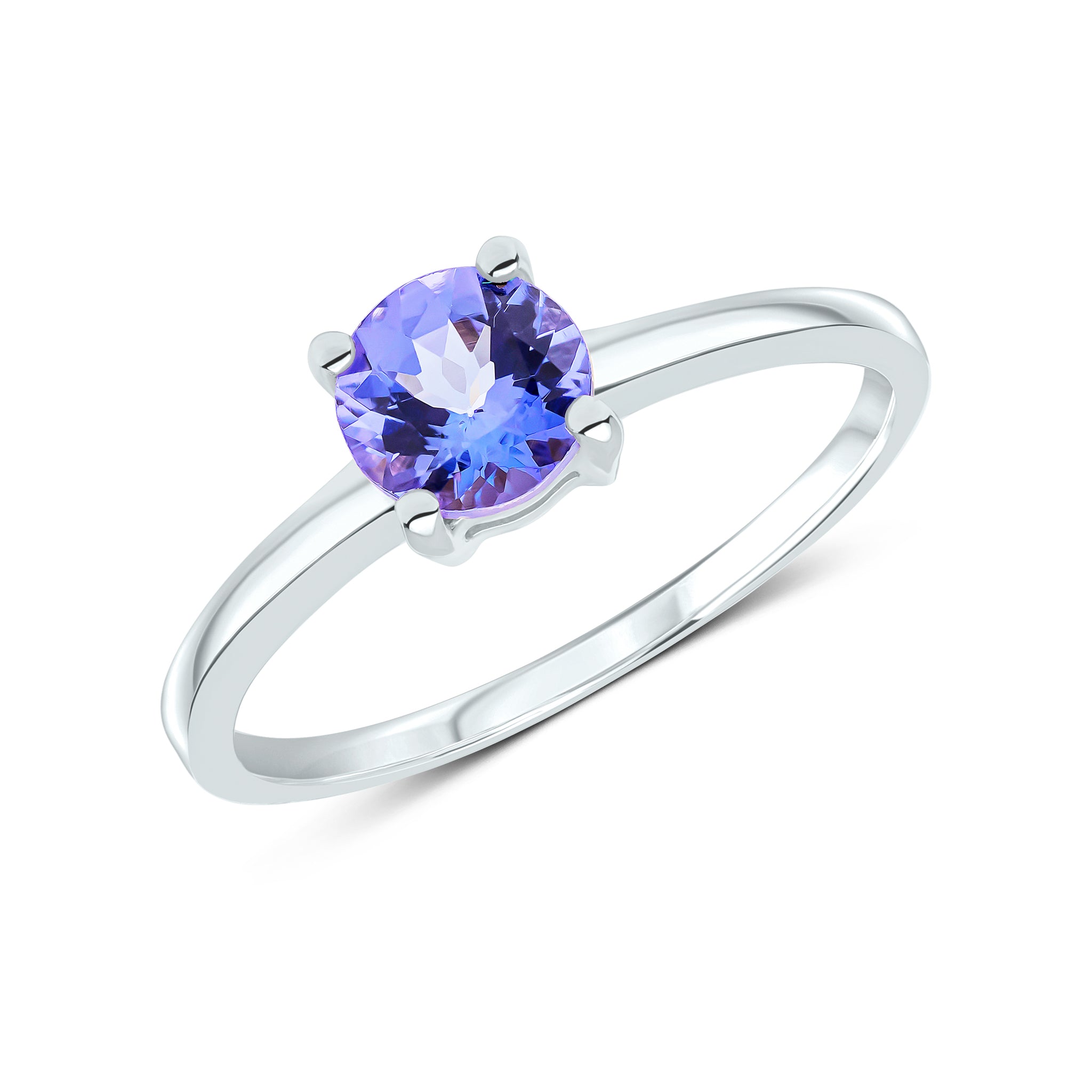 9ct White Gold 6mm Round Tanzanite 4 Claw Single Stone Ring
