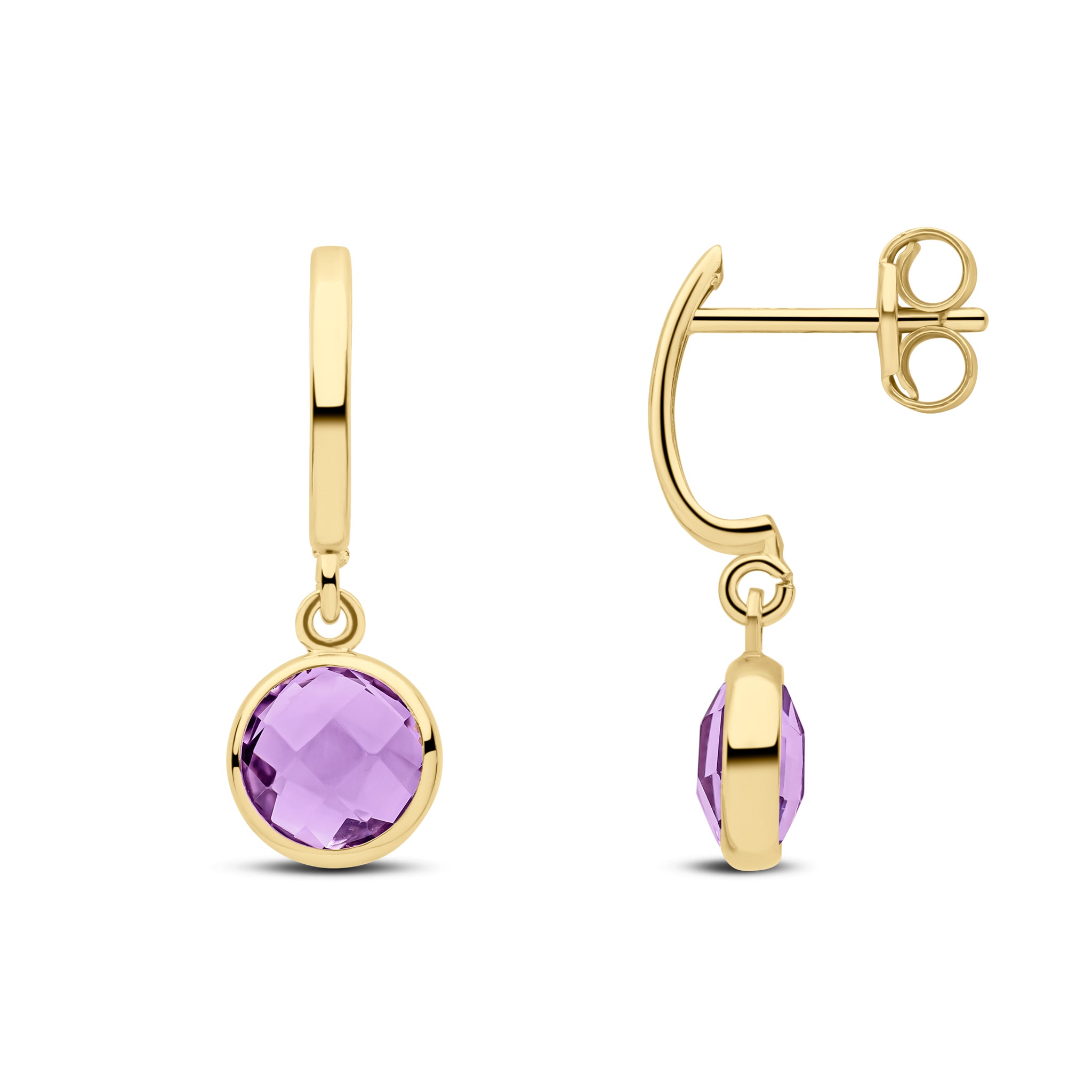 9ct Yellow Gold Curved Bar Top with Checkerboard Cut Round Amethyst Spec Set Drop Earrings
