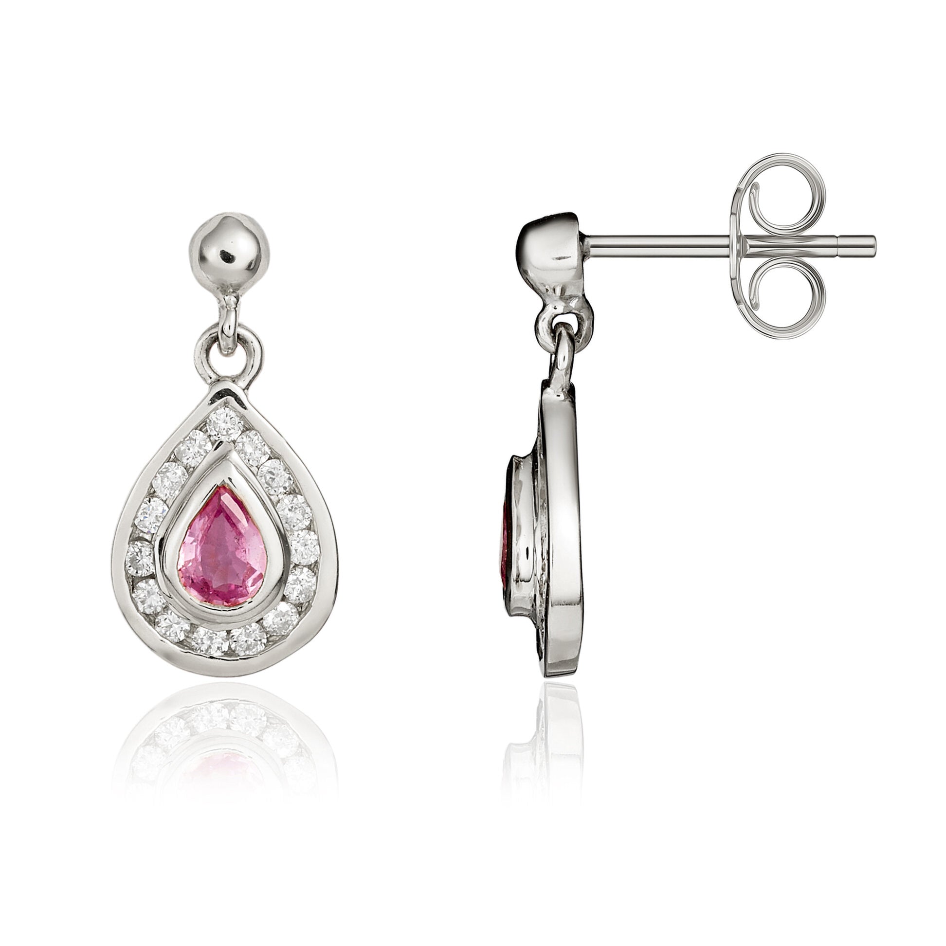 9ct White Gold Pear Pk Sap & Diamond Drop