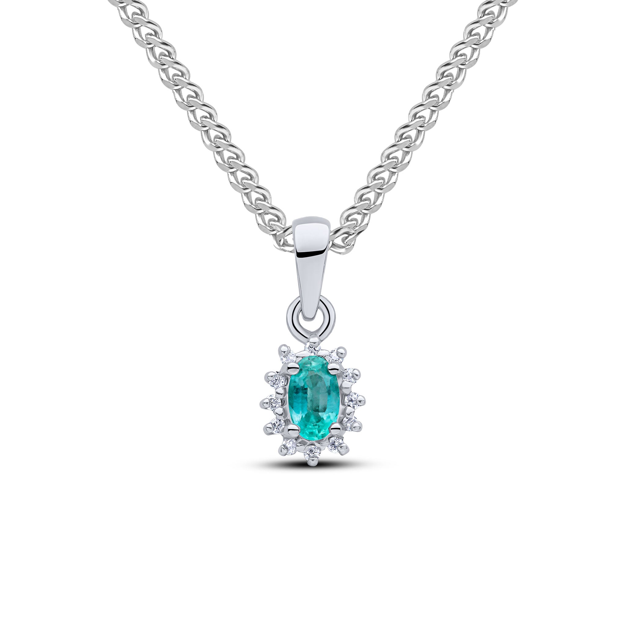9ct White Gold Oval Em & Diamond Clust Pend