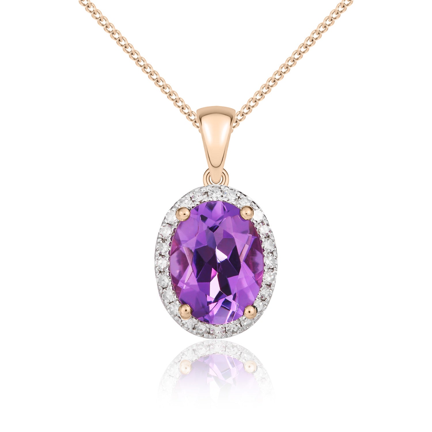 9ct Rose Gold 8x6mm Oval Amethyst & Diamond Claw Set Cluster Pendant Rhodium to Diamonds